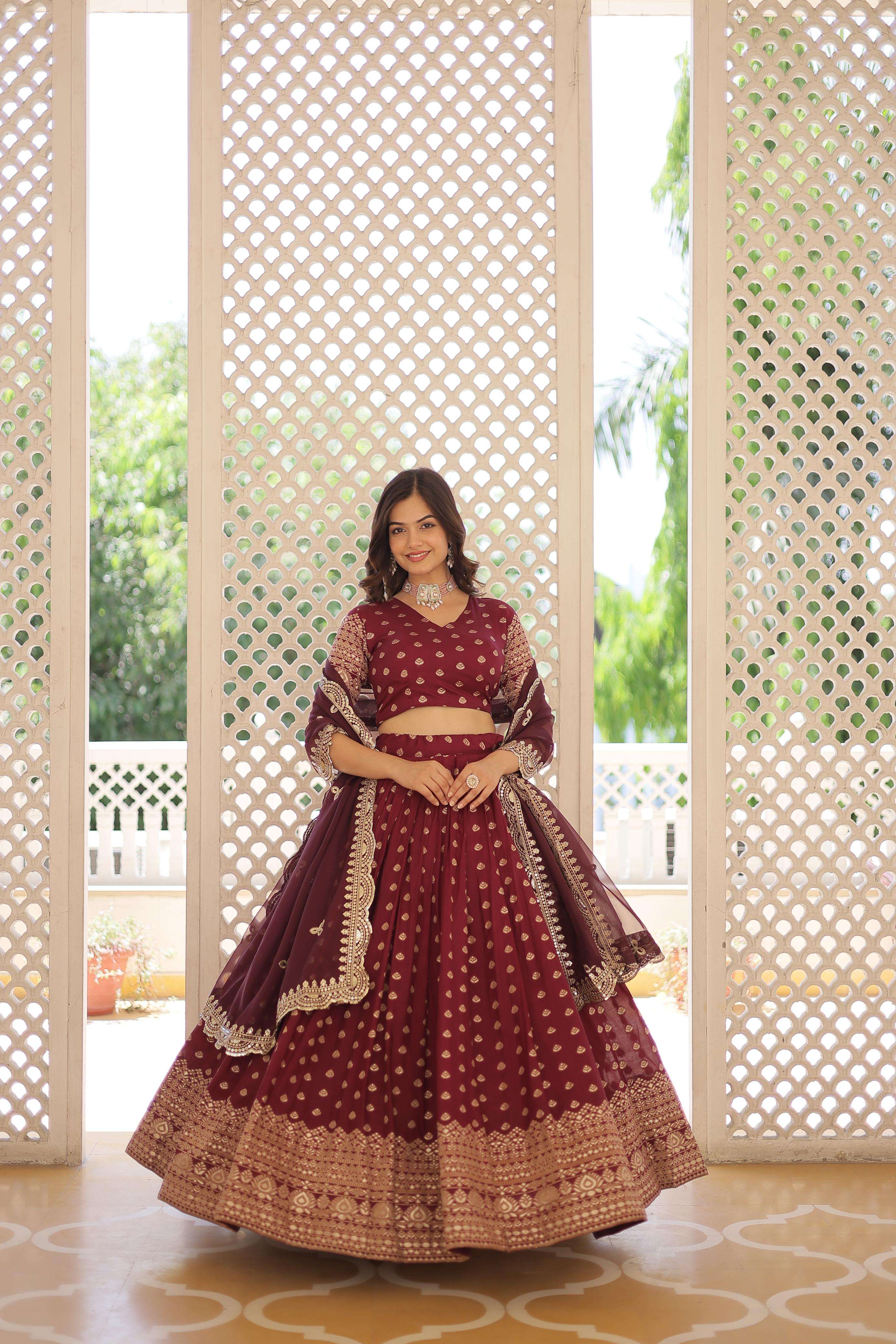 lehenga choli collections 2024 enchanting and vibrant our dayble viscose jacquard lehenga set is perfect for any occasions the double zari work in the flair add a touch of elegance code lw 7106