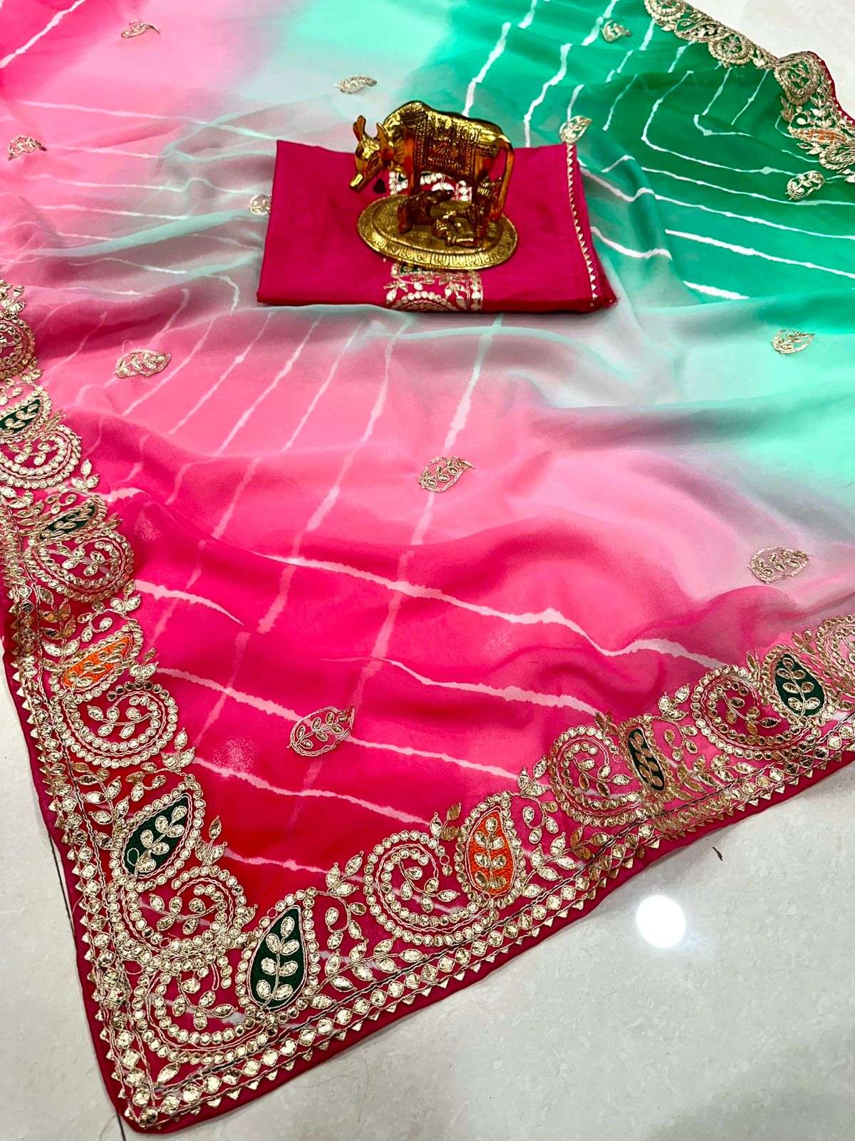 leheriya 2 saree pure georgette saree sawan special beautiful unique multicolour leheriya print n heavy c pallu gota pati n zari work border n all over zari butti in saree