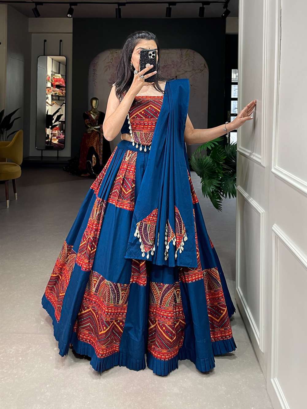 navratri collection 2024 add this phenomenal spirit of our navratri lehenga with printed design in your garba collection to make imperial impressions on garba night lnb1696blu pure cotton