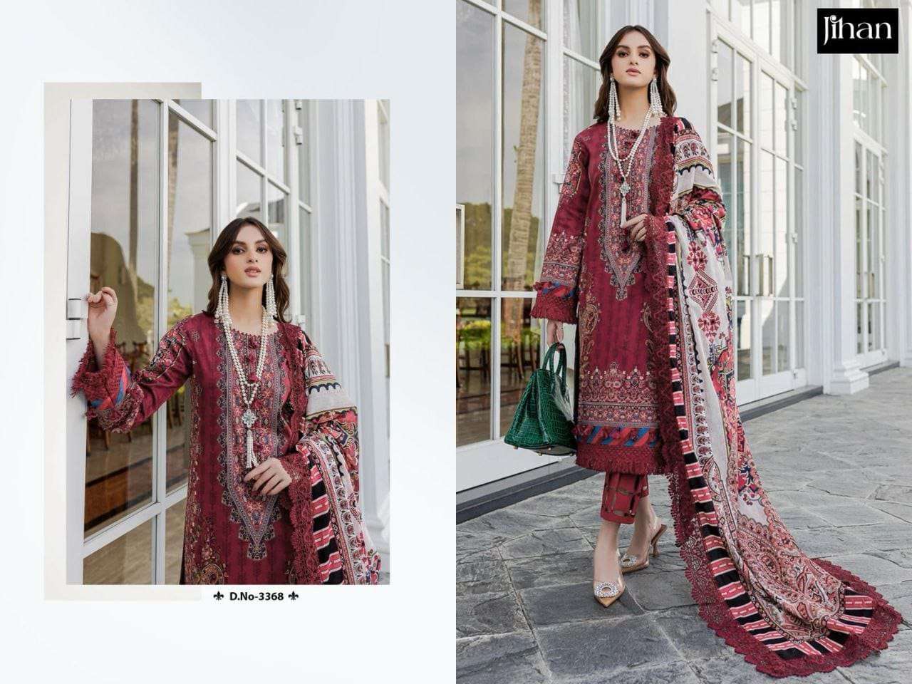 pakistani suit jihan presents design number 3368 fabrics top cotton print with embroidery patch bottom semilawn embroidery patch duppta  silver sifon n cotton unstiched pakistani suit