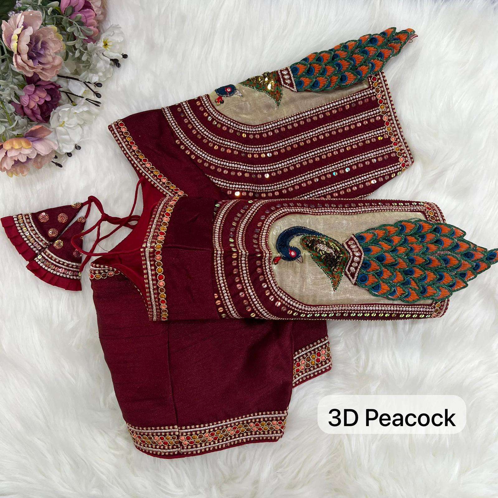 readymade blouse desgine beautiful 3d peacock work bridal desgine heavy stitching heavy padded handmade hooks with beautiful latkans front open style 3d peacock work bridal blouse