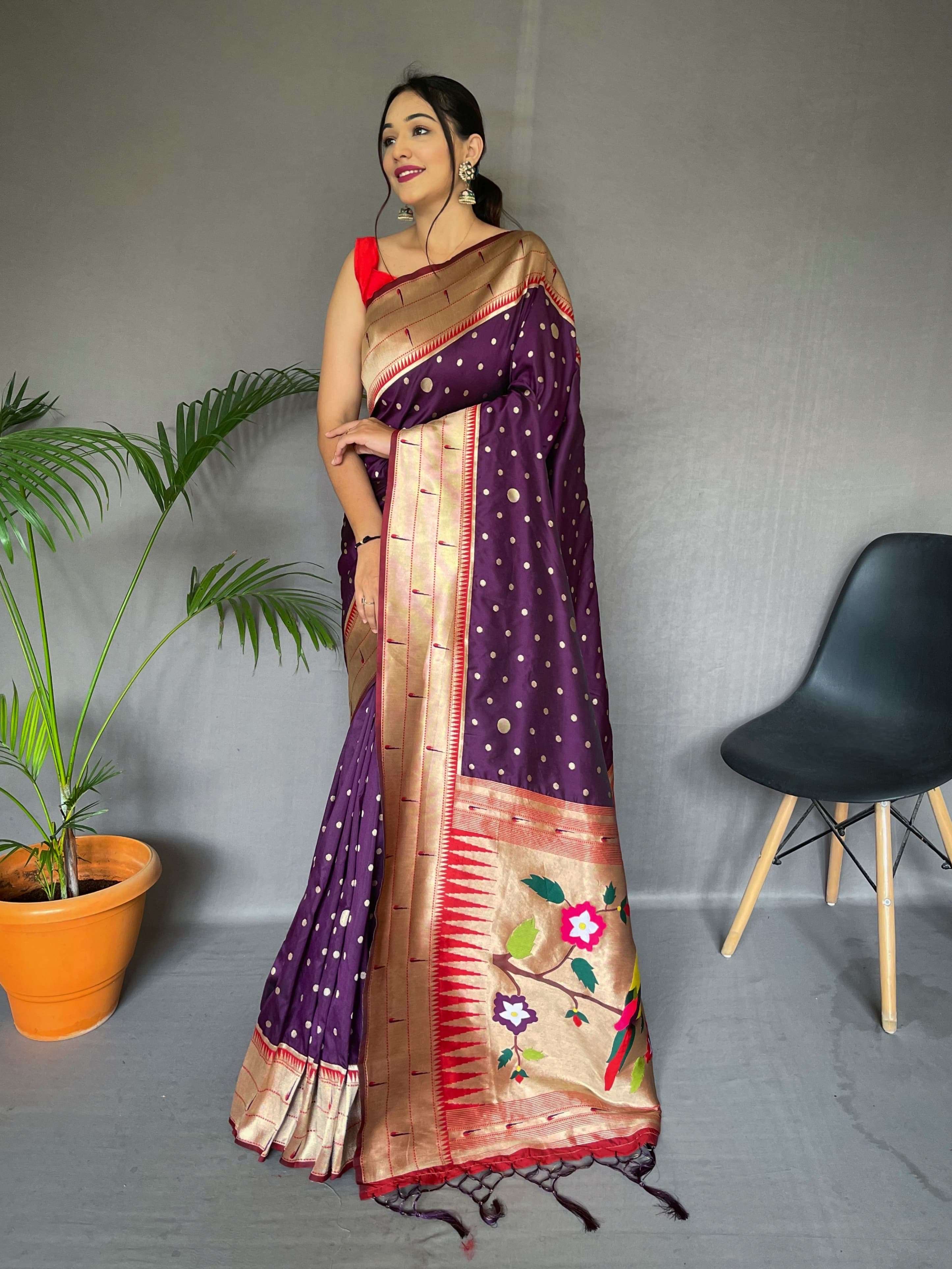 saree catalogue polka paithani pure paithani silk saree with paithani rich weaved pallu with tassels and unique mottif pattern saree 