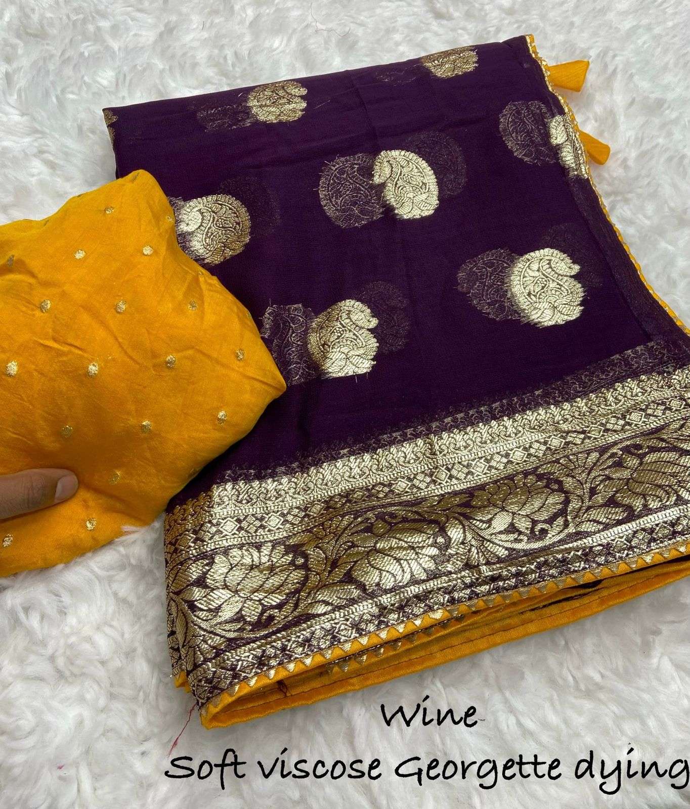 saree fabric n details beautiful soft viscose weaving georgette saree with dying with rich look latkan nd piping blouse weaving butti in whole blouse cotton fabric saree