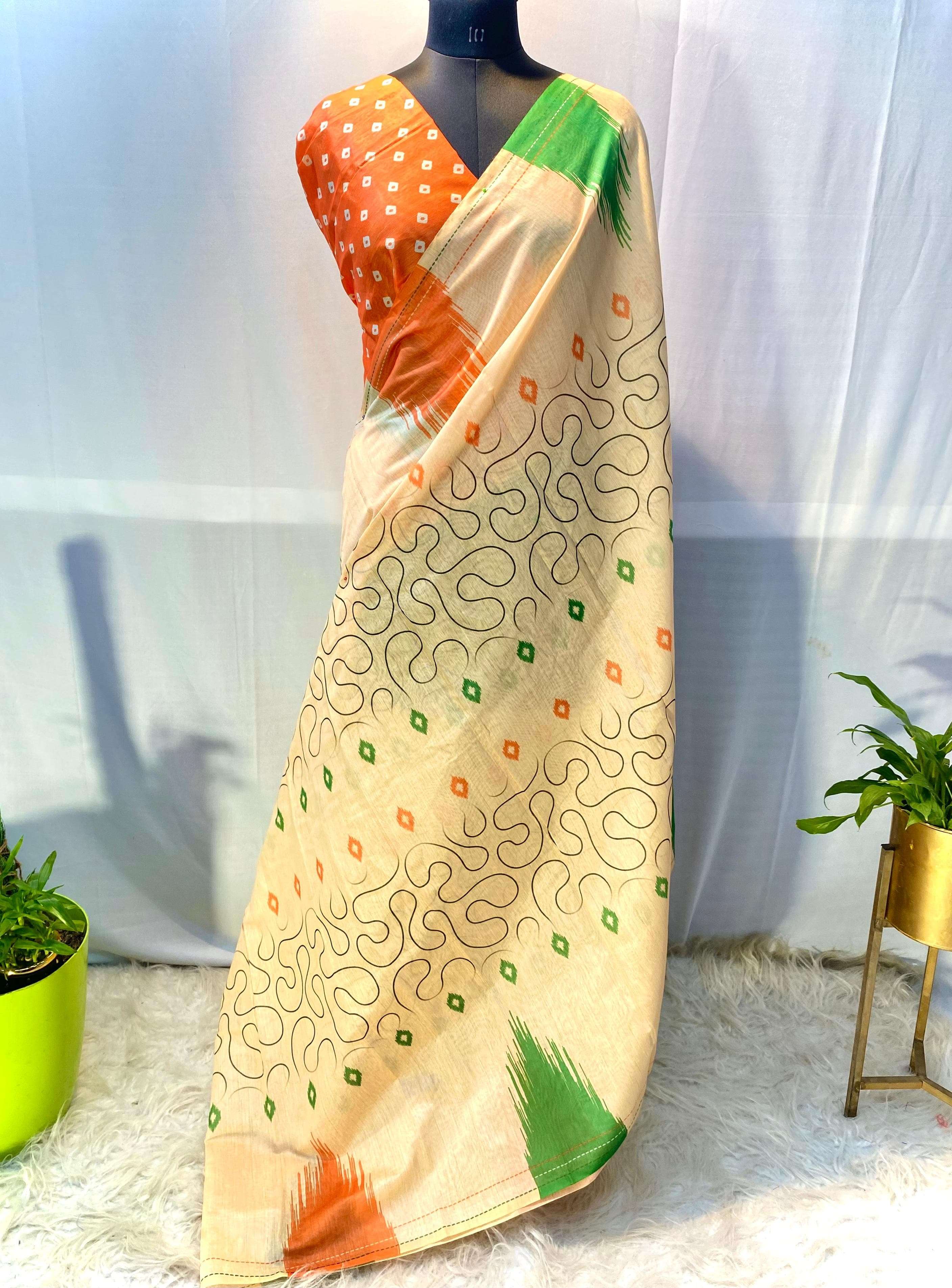 saree new catalogue independence day catalogue tiranga hand crafted chanderi cotton sarees with beautiful digital print all over tassels attached on the pallu with a printed blouse as shown in the pictures