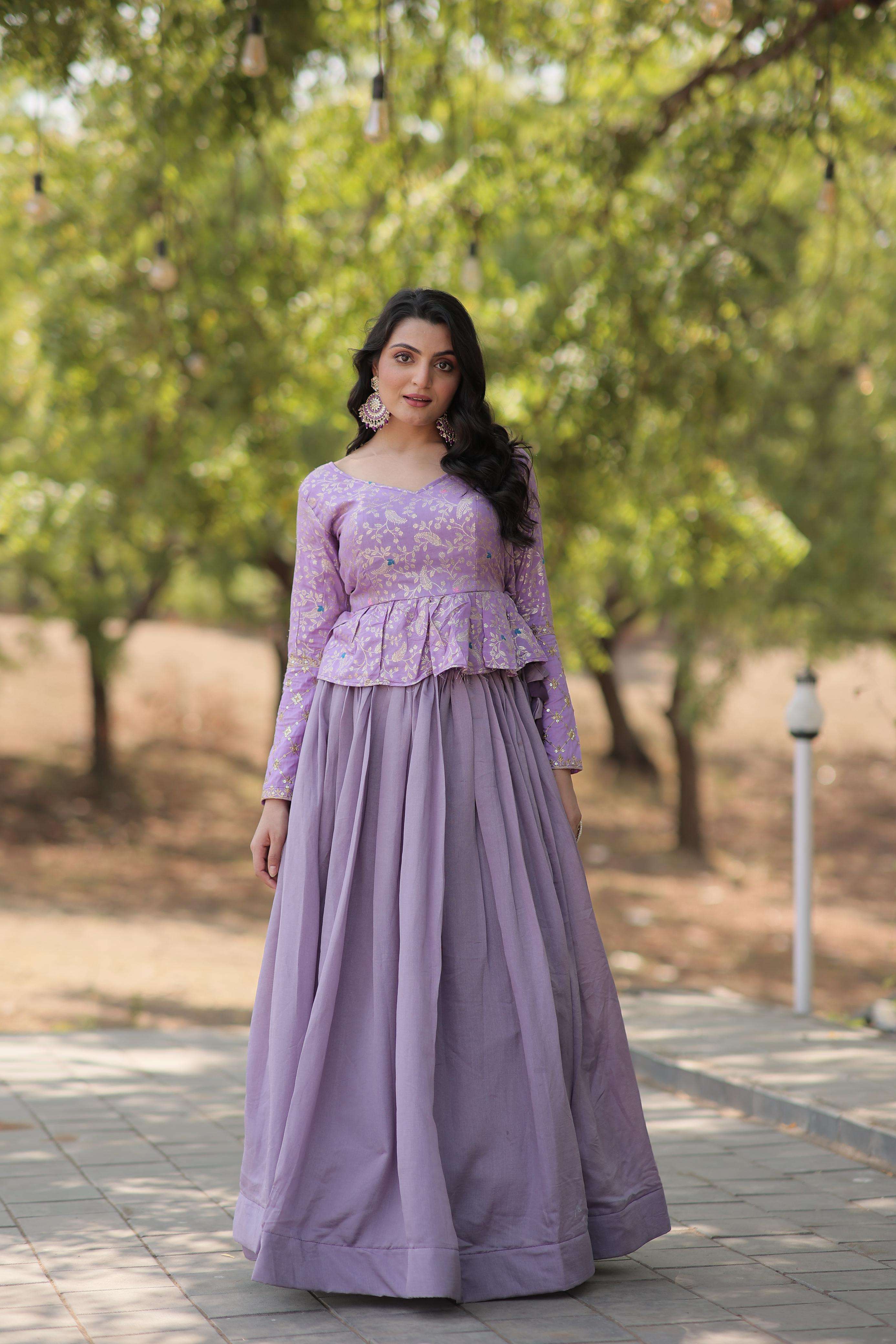 explore this trending fashionable coord  set with pure viscose dayble flower design n sequins embroidered work blouse and plain lehenga which looks amazing for any functions code lw 7117