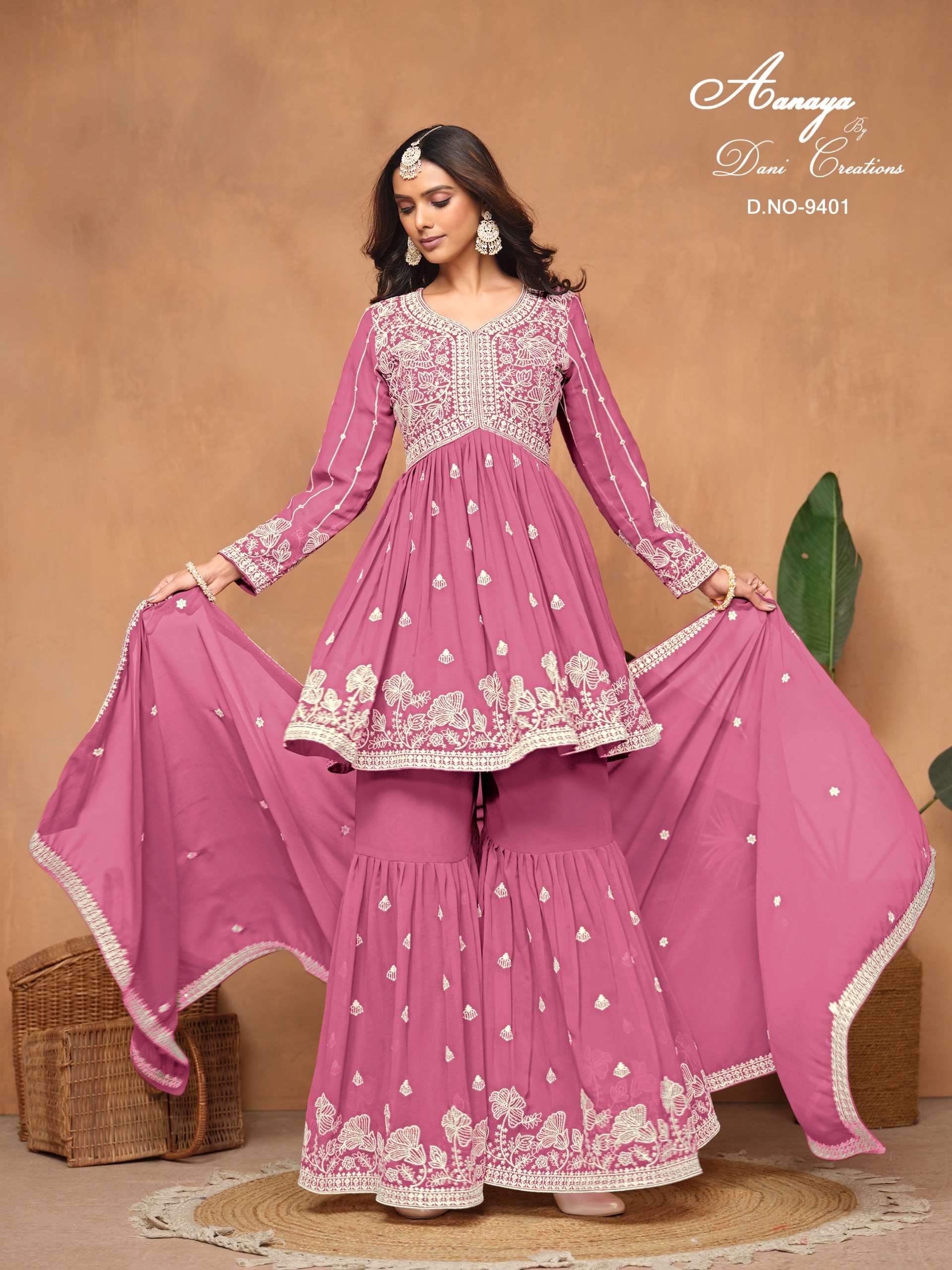 aanaya 9400 series vol 194 top faux georgette inner santool plazo faux georgette dupatta faux georgette designer partywear suit designer heavy embroidery sharara suit 