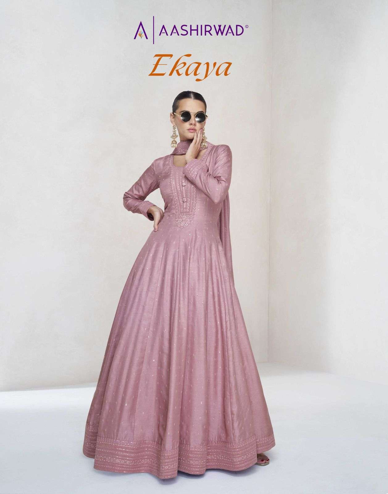 aashirwad creation present new free size stitch collection xl size ekaya 10011 series fabric details top premium silk free size stitch duptta premium silk readymade suit 