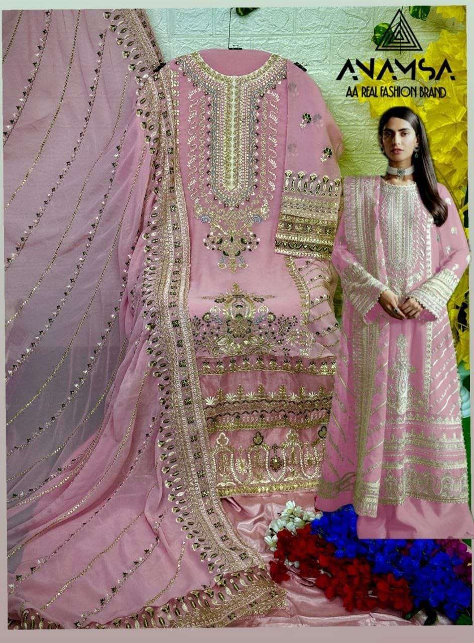 anamsa 7773 new launching semi stitched design number 230 colours details heavy pure georgette with self embroidered very beautiful design and sequence work pakistani suit