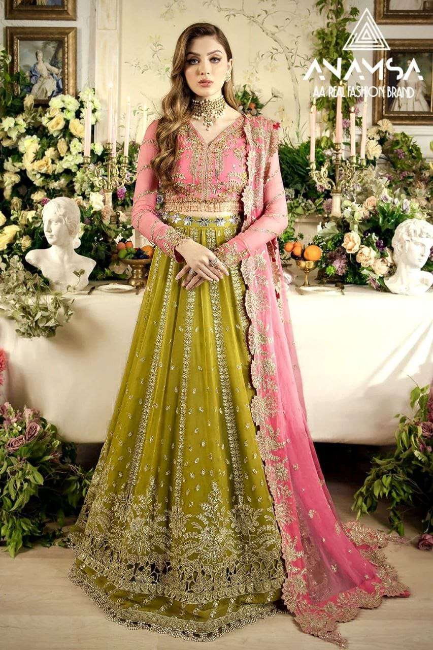 anamsa 7773 semi stitched anamsa 425 choli and lehnga heavy pure fox georgette with heavy embroidered very beautiful design and sequence work high quality material and long flairs