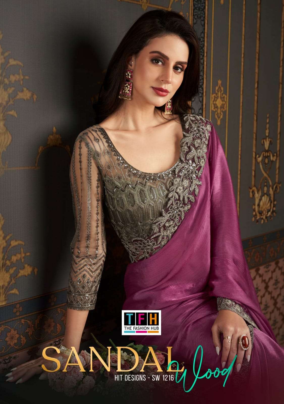 brand name tfh the fashion hub catalog name sandalwood 1216 colours series 1216a to 1216f peice 6 designer partywear branded saree indian designer saree