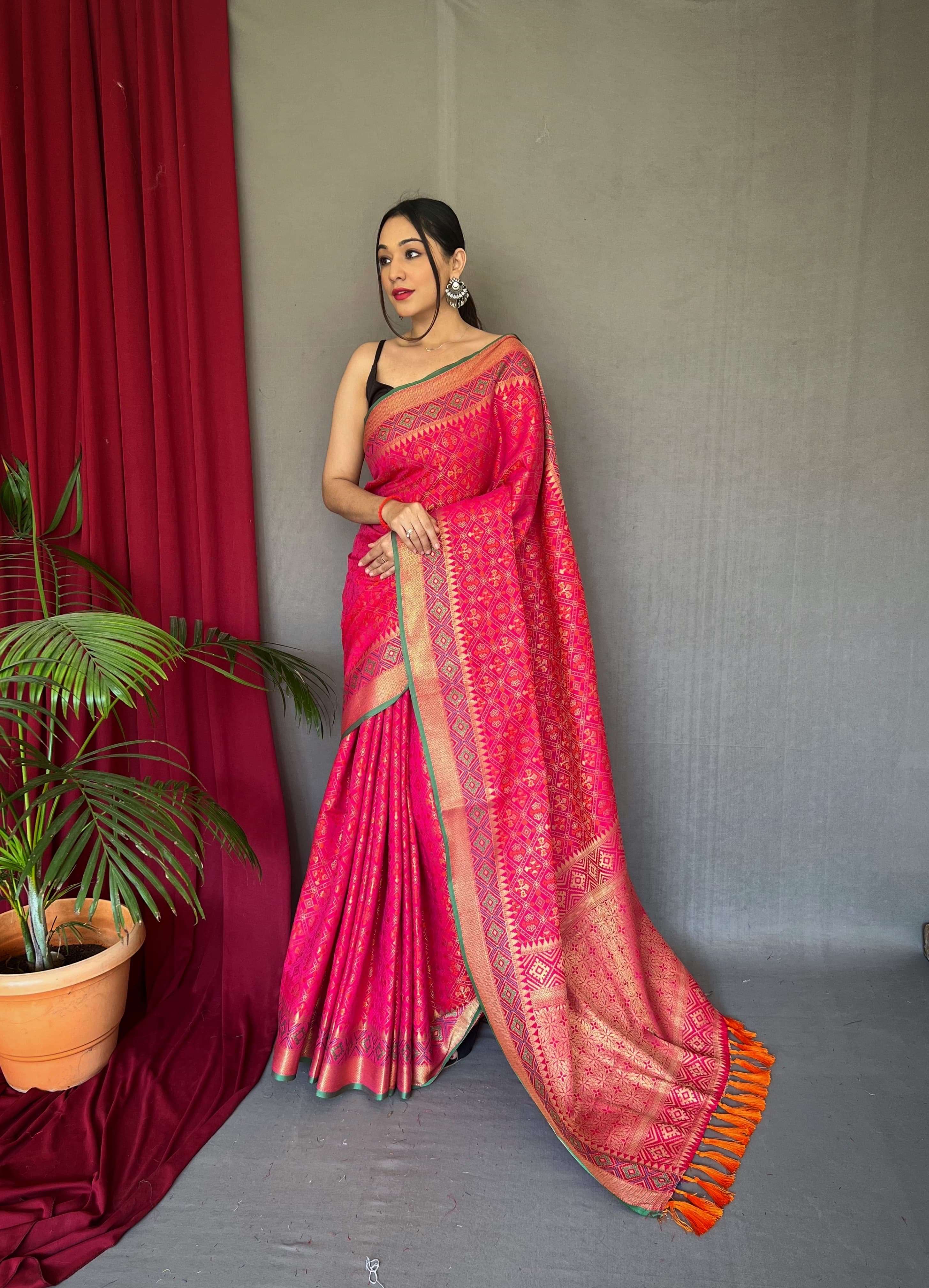 catalogue rajkoti patola pure patola silk saree with patola fusion  allover contrast patola weaved with contrast meenakari and rich pallu with tassels attached saree 