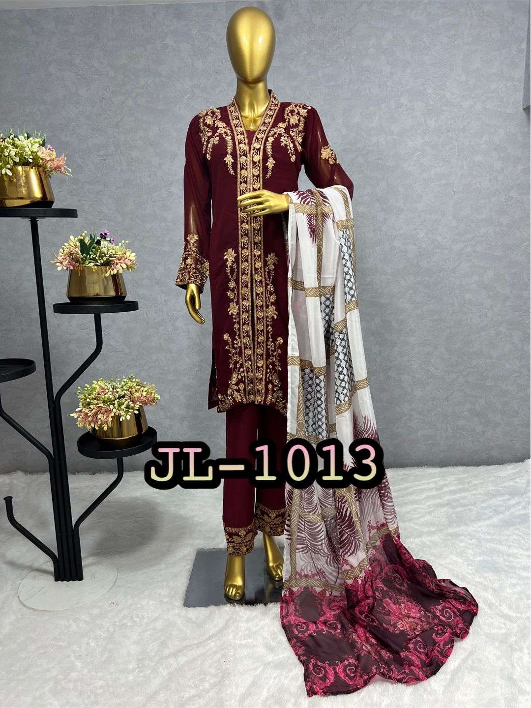 design number jl 1013 presenting 3 piece stylish top with bottom and beautiful dupatta fabrics detail kurtie fabric heavy faux georgette designer partywear suit