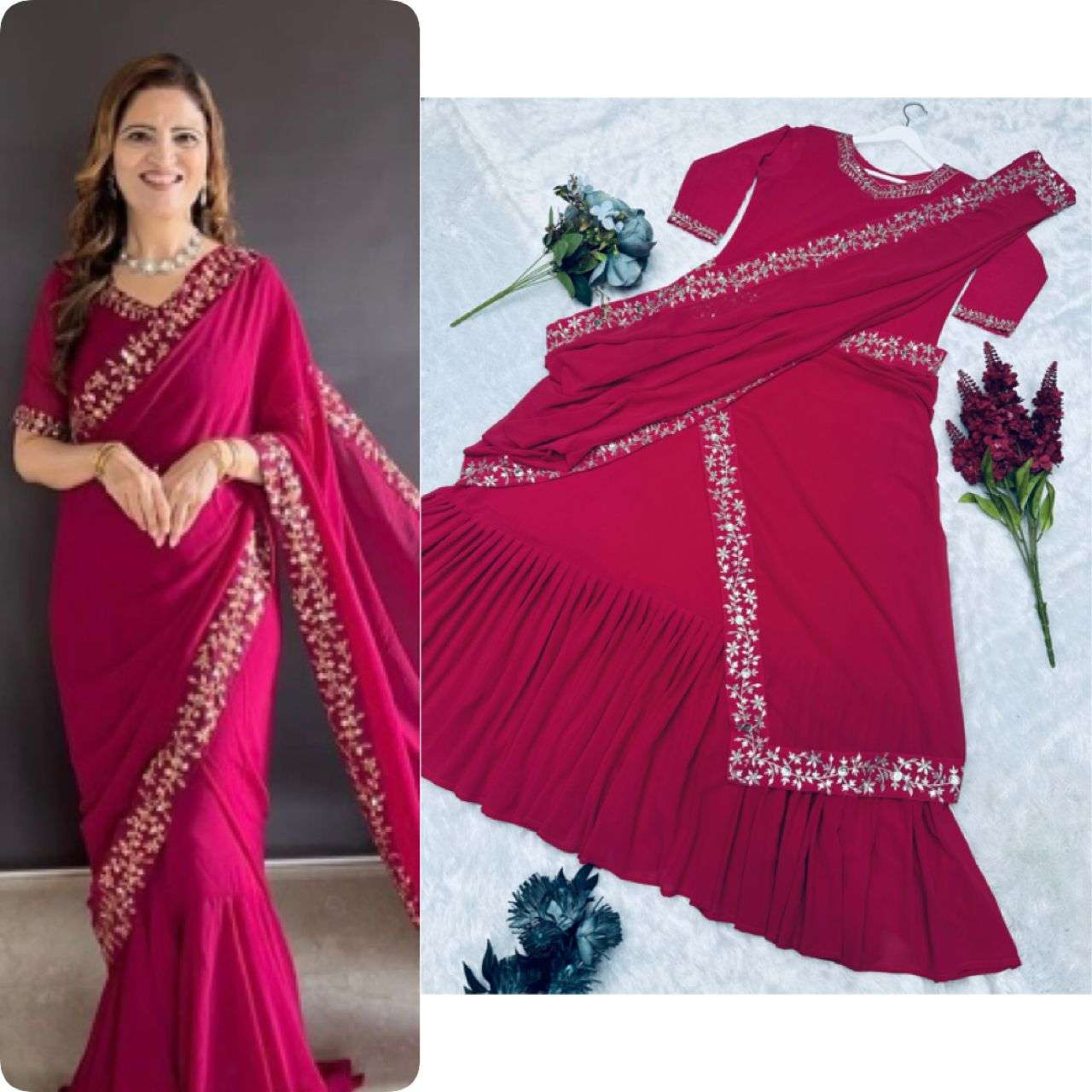 gown saree added new colour hk 1656 hello valuable seller we are launching new concept saree with gown fabric details gown fabric faux georgette with full sleeve