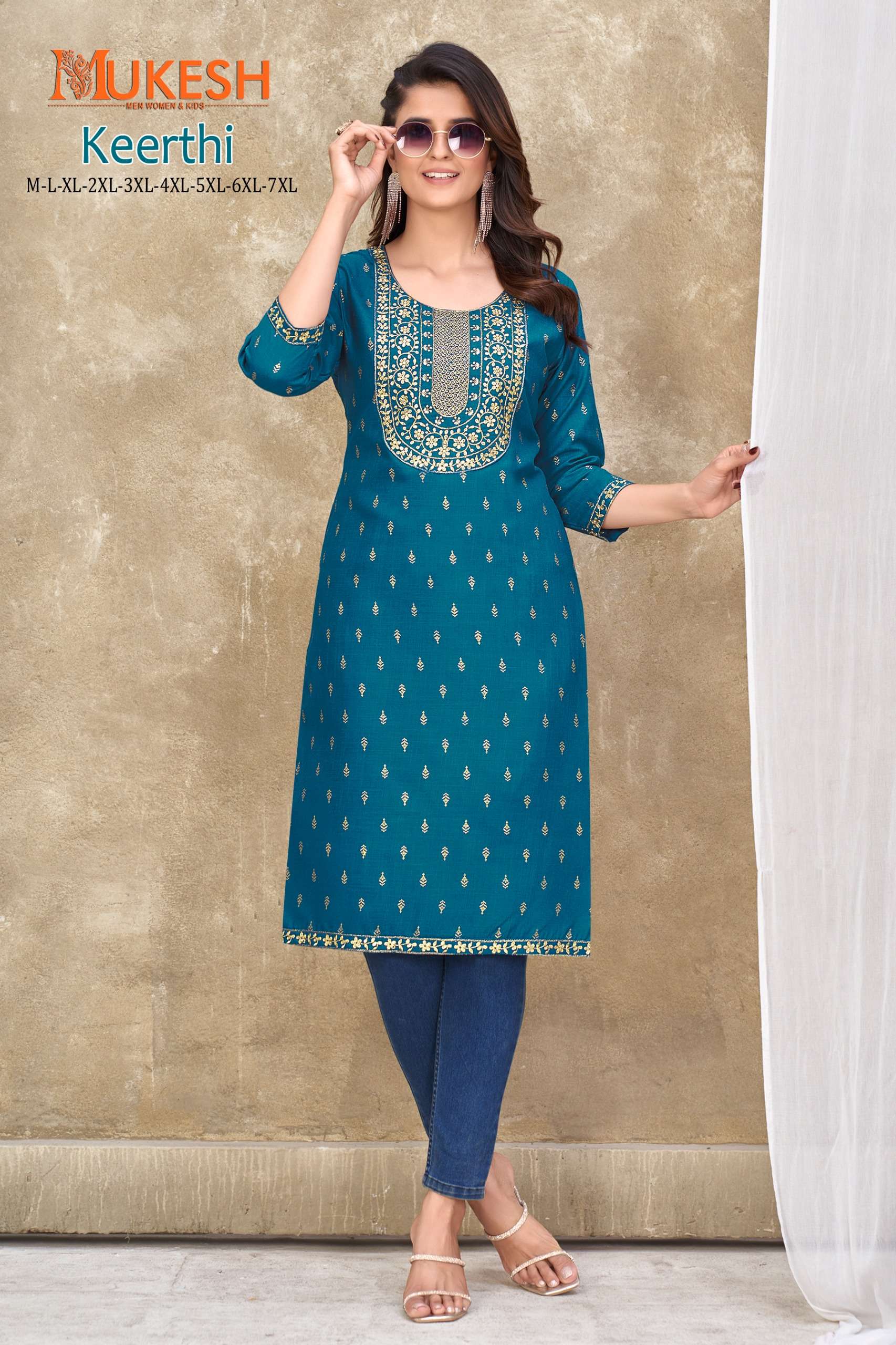 keerthi only kurti fabric magic slub work embroidery nack with lace & foil print size m to 7xl straight stylish kurtie