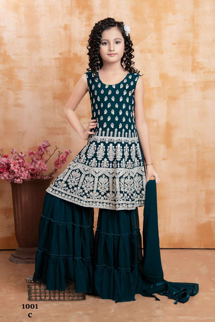 kids girls wear sharara styles indian dress for kids girls 5 to 16 years fully stitched design number 1001 series 218 to 221 top heavy fox georgette