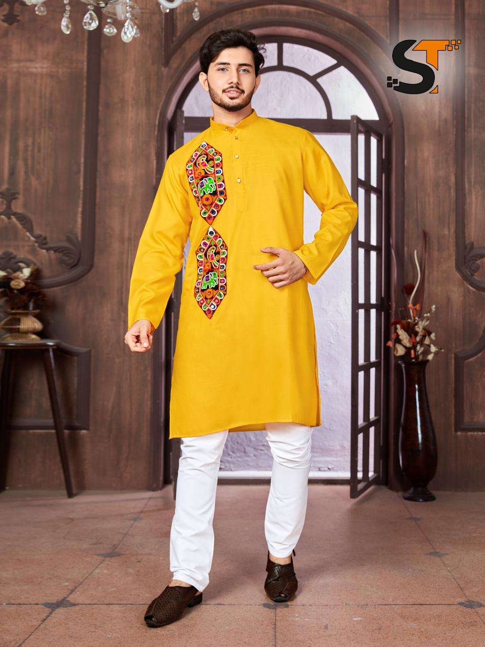 navratri mens exclusive kurta details kurta cotton with embroidery n stylish pattern with pocket and exclusive look with back pattern pyjama pure cotton stitched size m to xl 