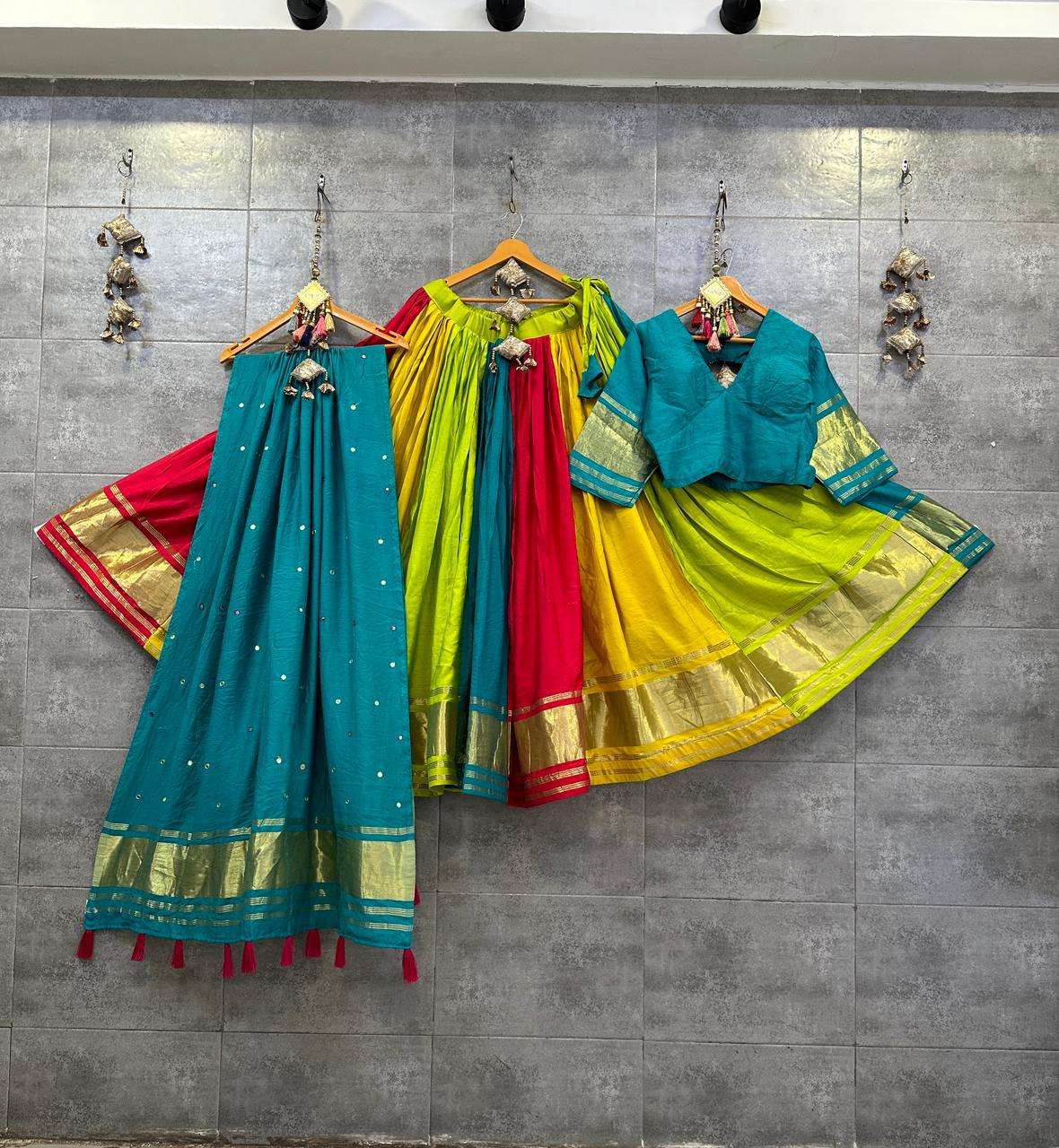 new shade modal gaji silk chaniya choli with multi colour pattern 7 meter flare l size blouse with margin blouse with hooks mirror work lagdi pallu dupttanavratri chaniya choli