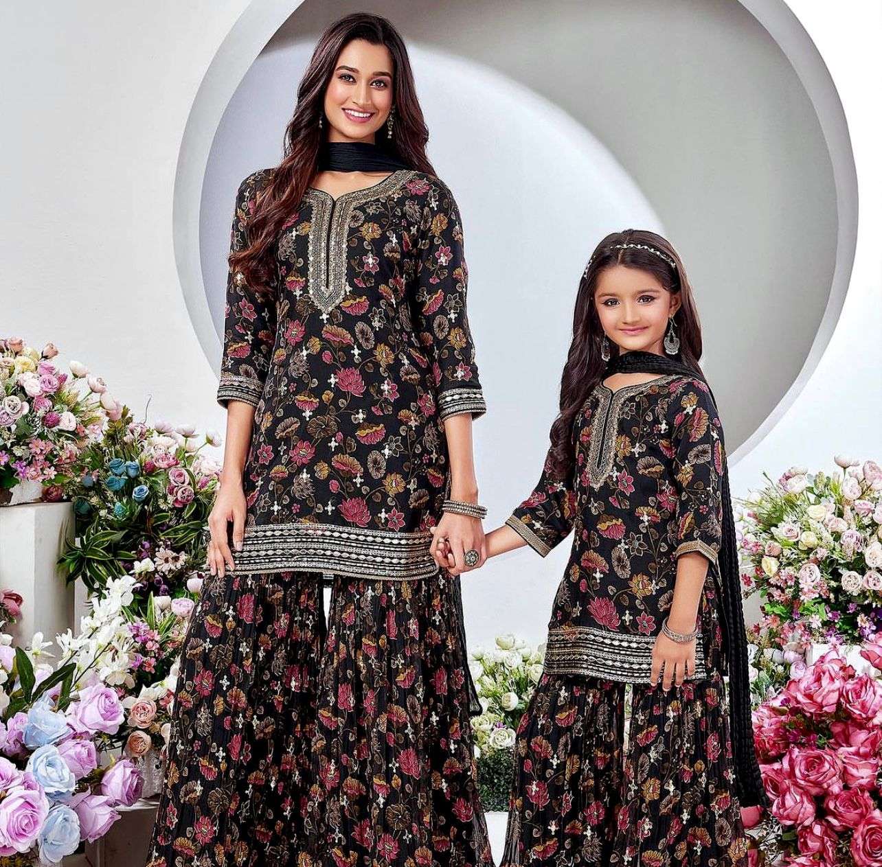 noc series new designer mom n daughter heavy fox georgette  with digital print work with embroidered sequnce work top sarara and dupatta ready to wear collection code noc 504 mom n daughter combo