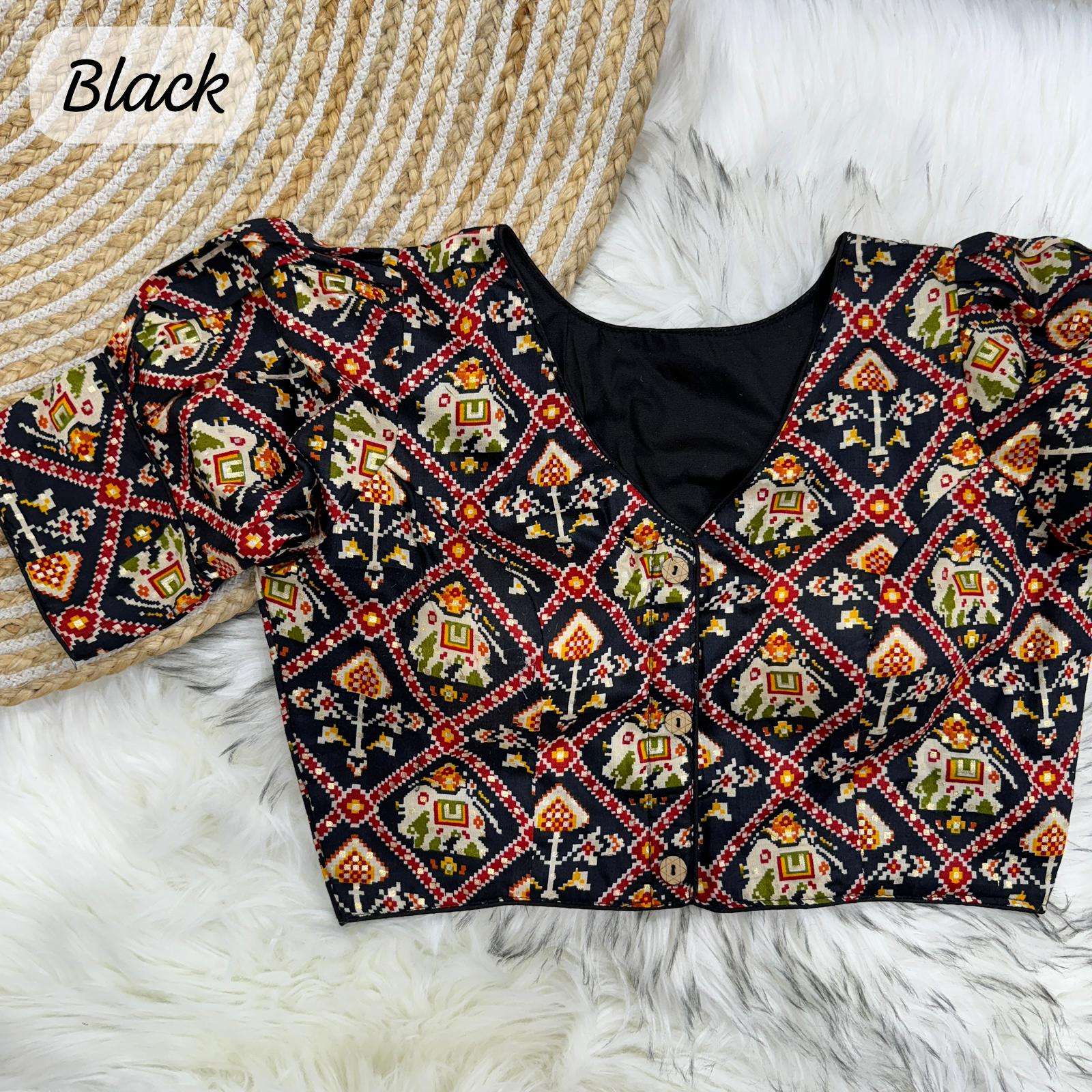  patola print cotton blouse blouse pure cotton size plus size 38 ready ulter upto 40 inch beautiful partywear blouse heavy stitching heavy padded with beautiful puff sleeves front open style