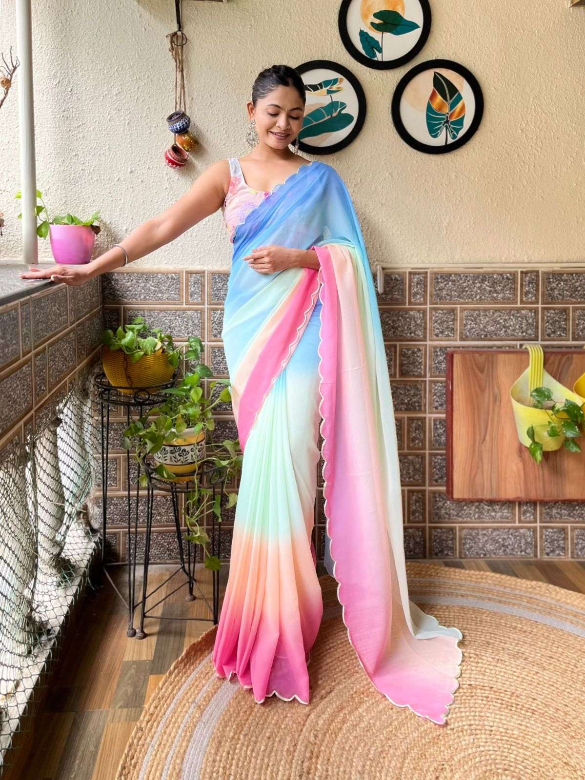 ready to wear saree presenting you most beautiful casual saree collection real modeling shoot kc 835 saree fabric faux dual shaded georgette with fancy arco border saree