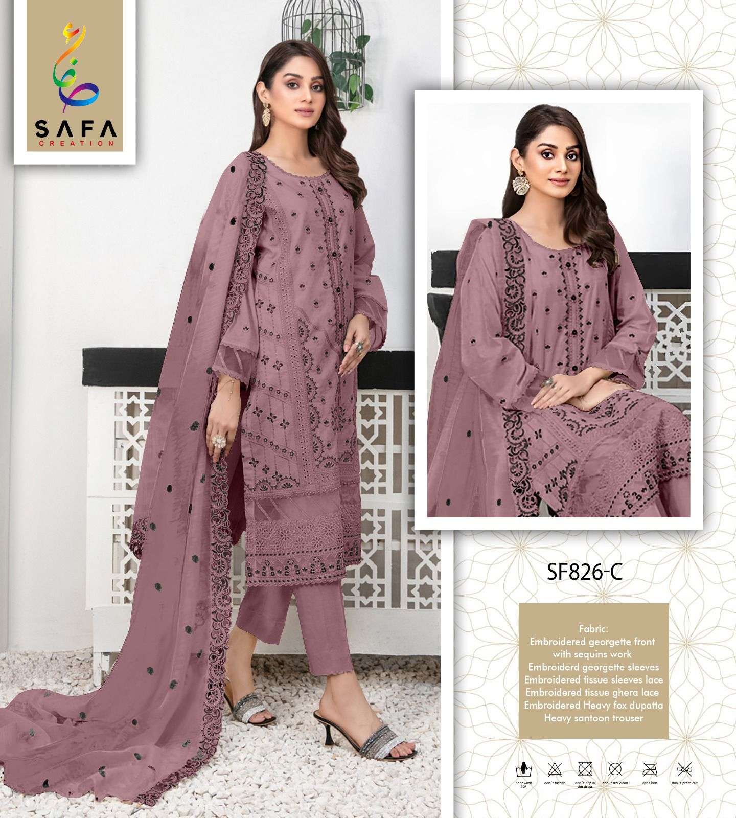 safa creation presents premium collection sf pk 826 top heavy georgette with embroidery and fancy cotton laces top back heavy georgette pakistani dresses