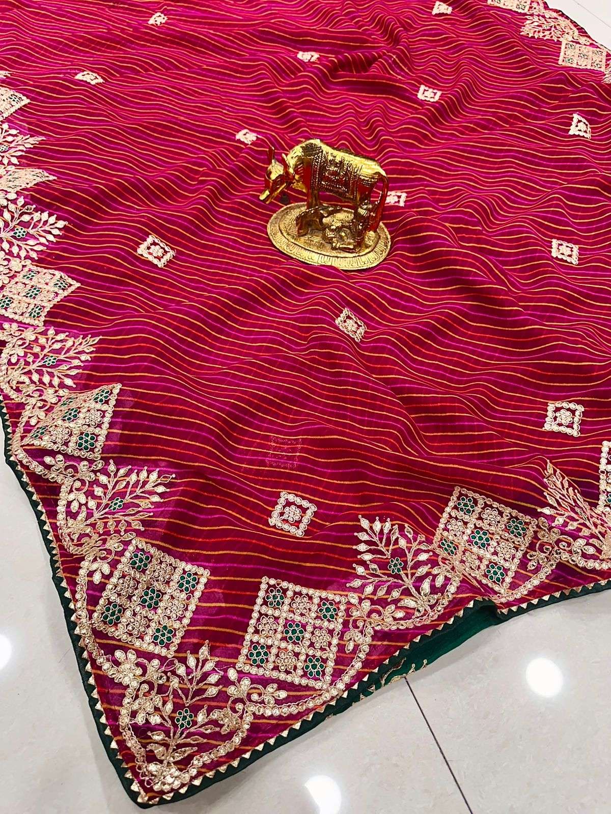 saree leheriya 3 saree pure georgette saree with beautiful unique leheriya print n heavy c pallu gota patti zari work border n all over butti in saree