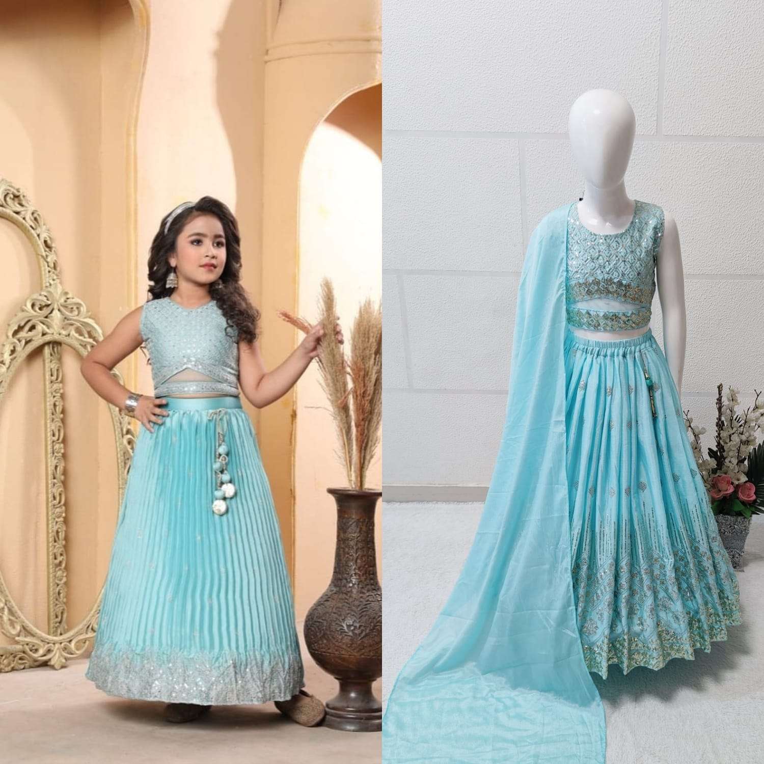 trending  siqunce embroidered work stitched lehenga blouse dupatta for festive season full stitched blouse fabric heavy chinon sillk girls kids wear 2 year to 15 year kids wear lehenga