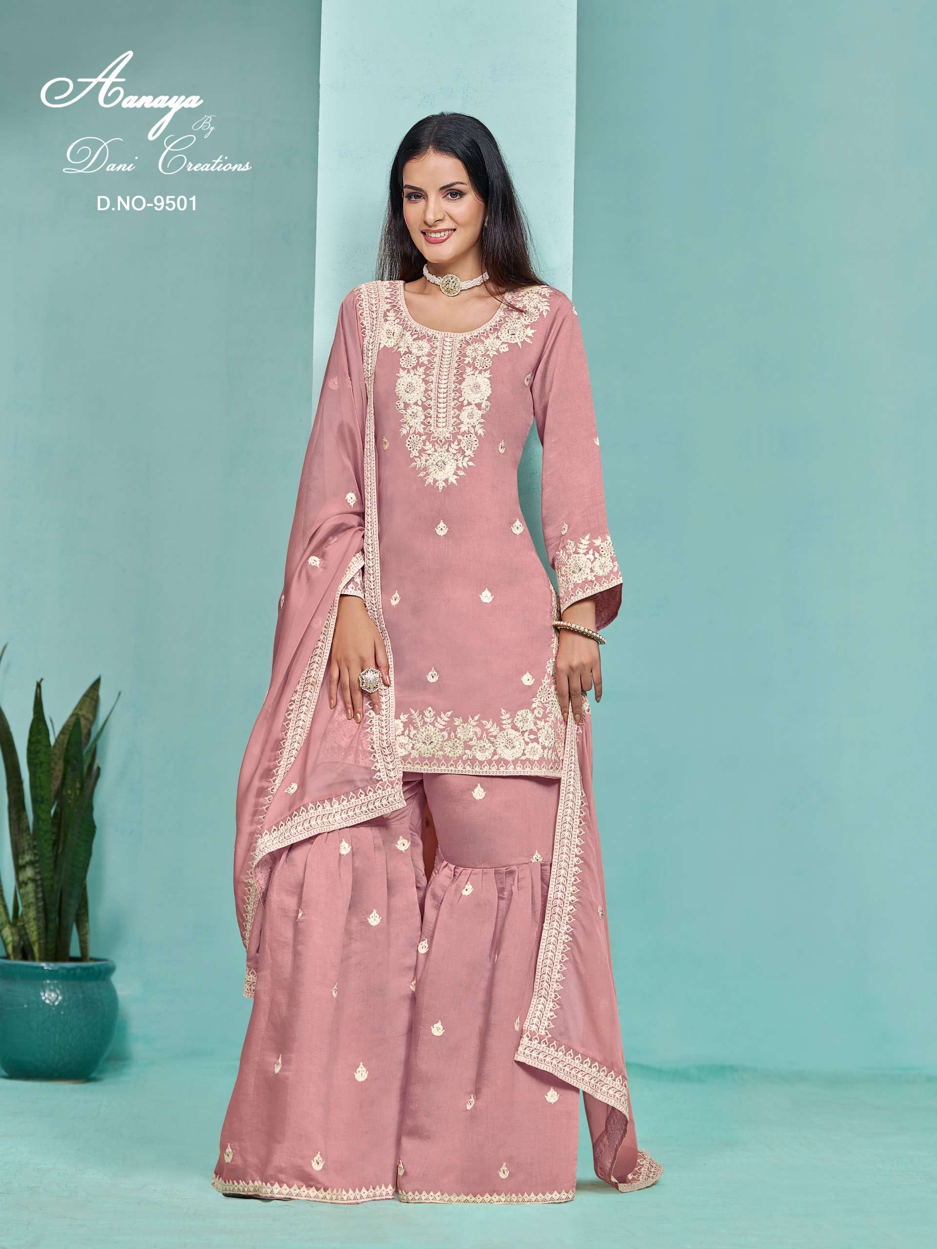 aanaya 9500 series vol 195 top pv chanderi roman silk inner santool bottom pv chanderi roman silk dupatta organza designer partywear suit