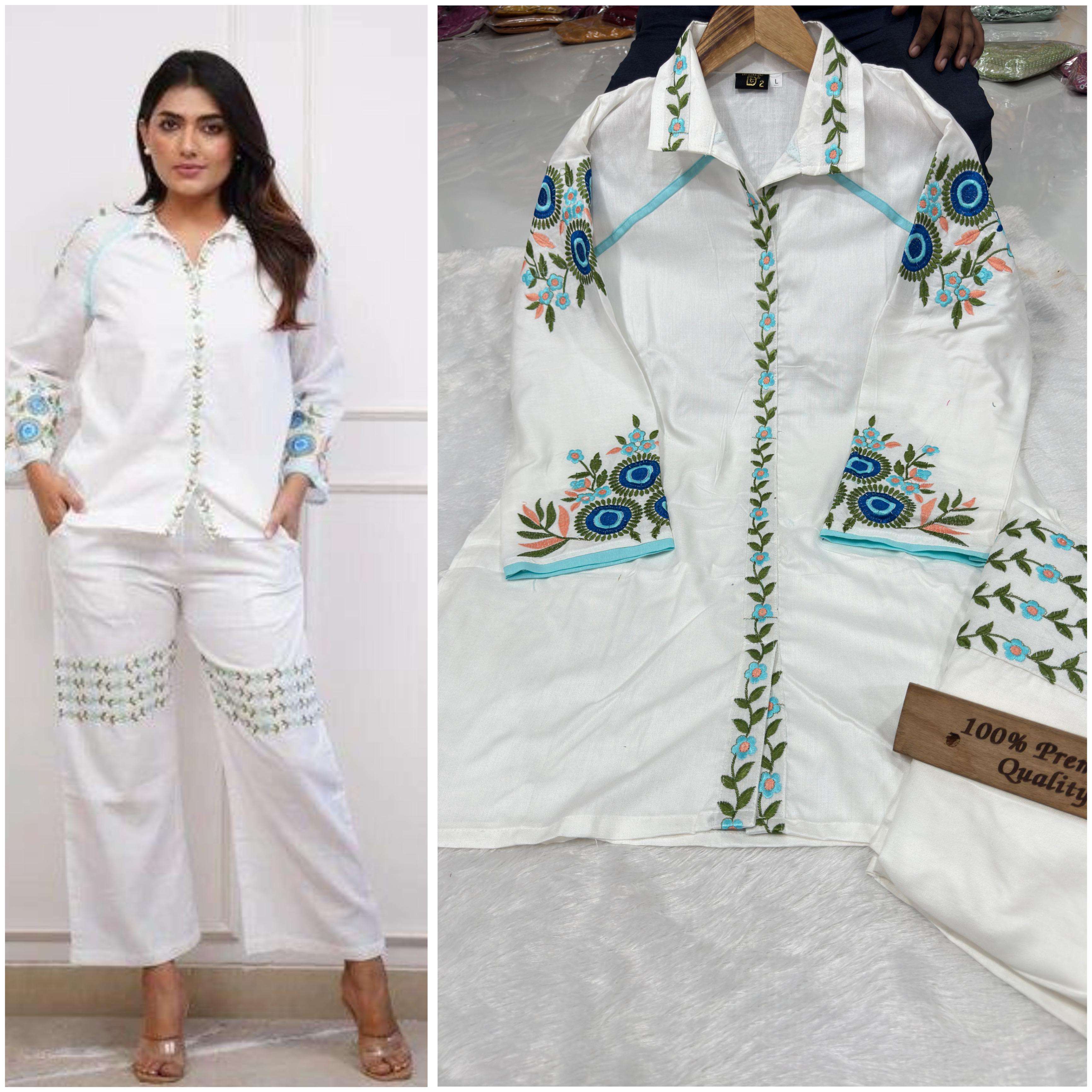 center fresh fabric description top beautiful heavy rayon cotton with beautiful  embroidery work in front collar and sleeves bottom heavy rayon cotton pant with embroidery