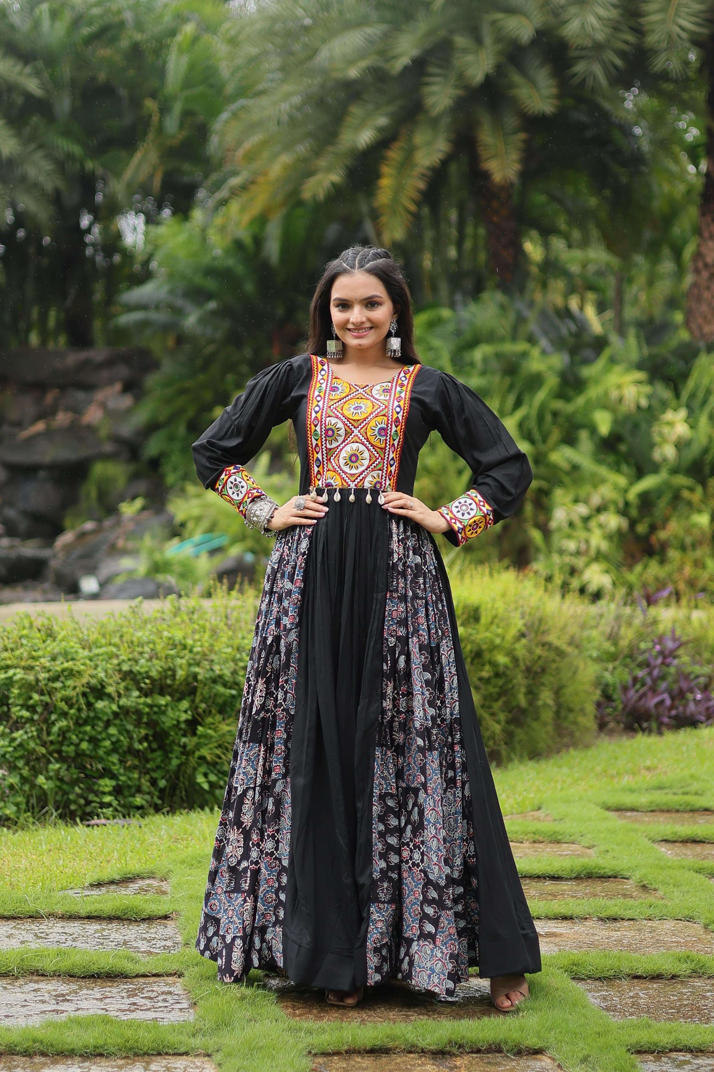 designer heavy black and maroon gown made from heavy 14 kg rayon with contrast of printed rayon fabric in flair and kutchi gamthi lace code lw 9200 navratri collection 