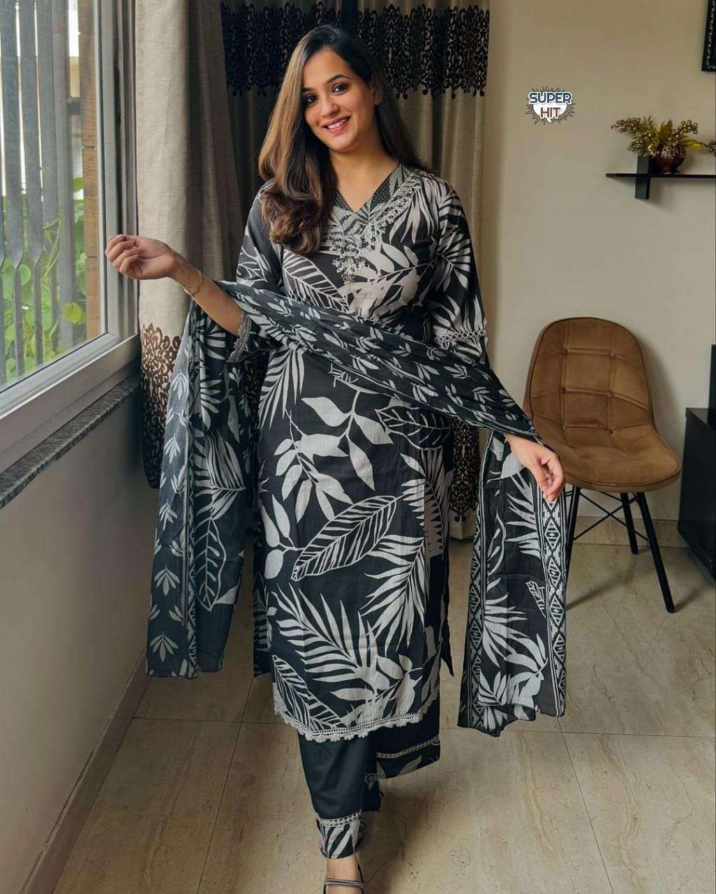 featuring beautiful  suit set which is decorated with finest handwork and prints if is made in premium cotton fabric it is paired with matching  pants and dupatta suits 