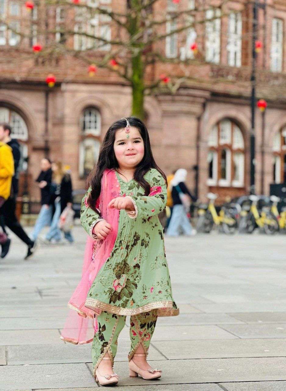 kids wear girls wear dhoti salwar suit with digital print work ready to wear code oc 160 yellow master black almond white violet pista heavy fox georgette with digital print work with less