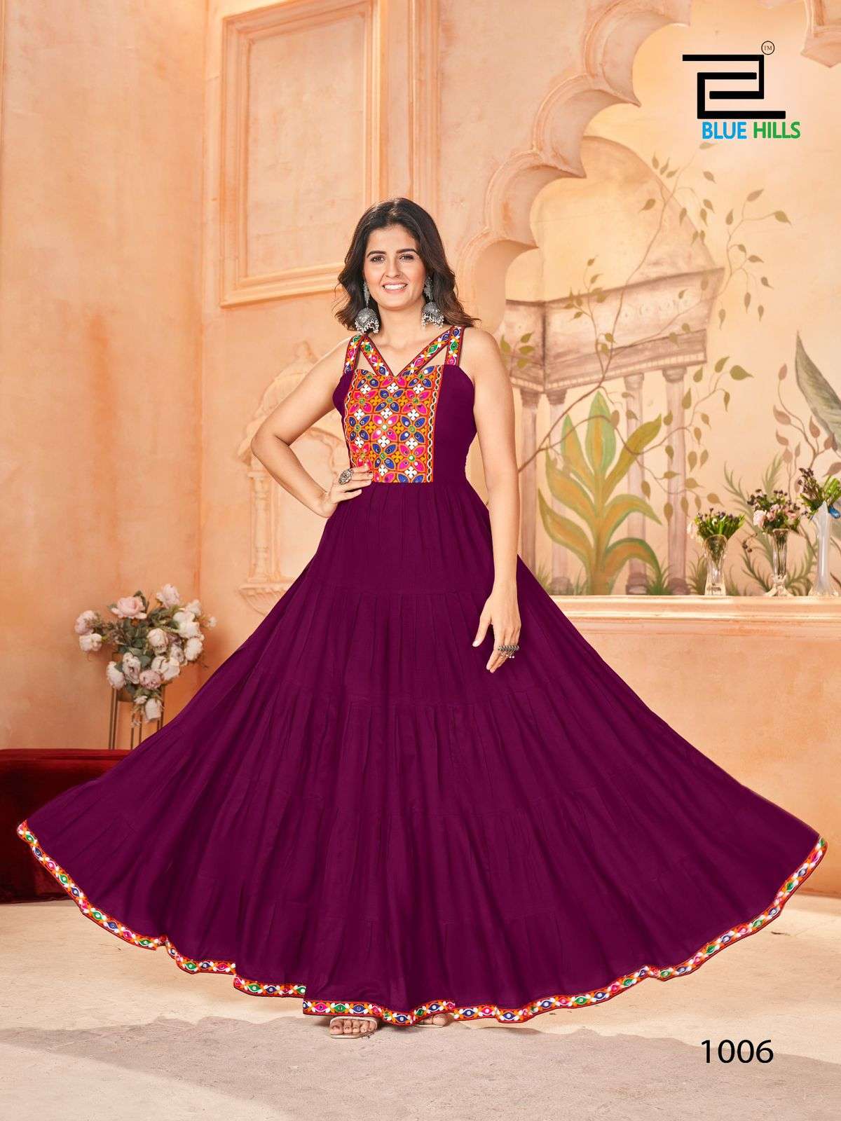 navratri special gown ghumati long frill gown with front and back pattern in 6 colours fabric heavy rayon  with gamthi work and lace border size m to xxl