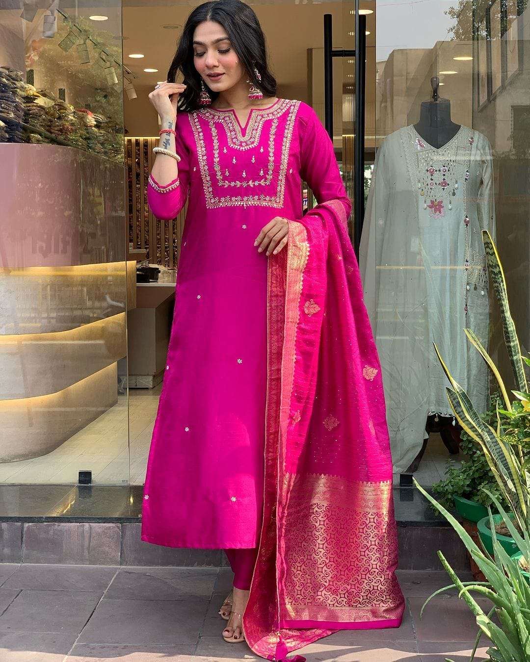 new janki pink lunching new beutiful heavy fully stitchied suit set brand showroom piece coding hevay full work featuring beautiful heavy suit set readymade