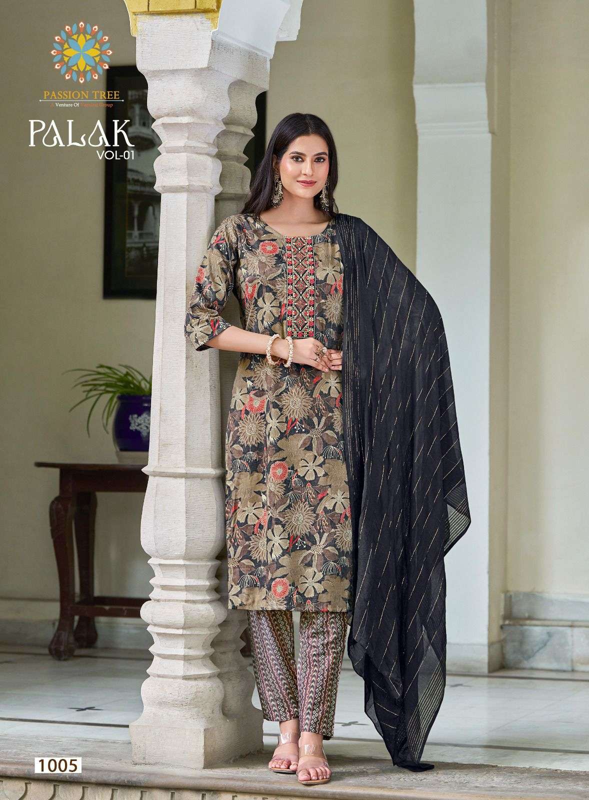 passion tree a venture of varniraj group catalogue name palak vol 1 pattern straight kurti with pant n dupatta capsule print kurti n foil n bottom