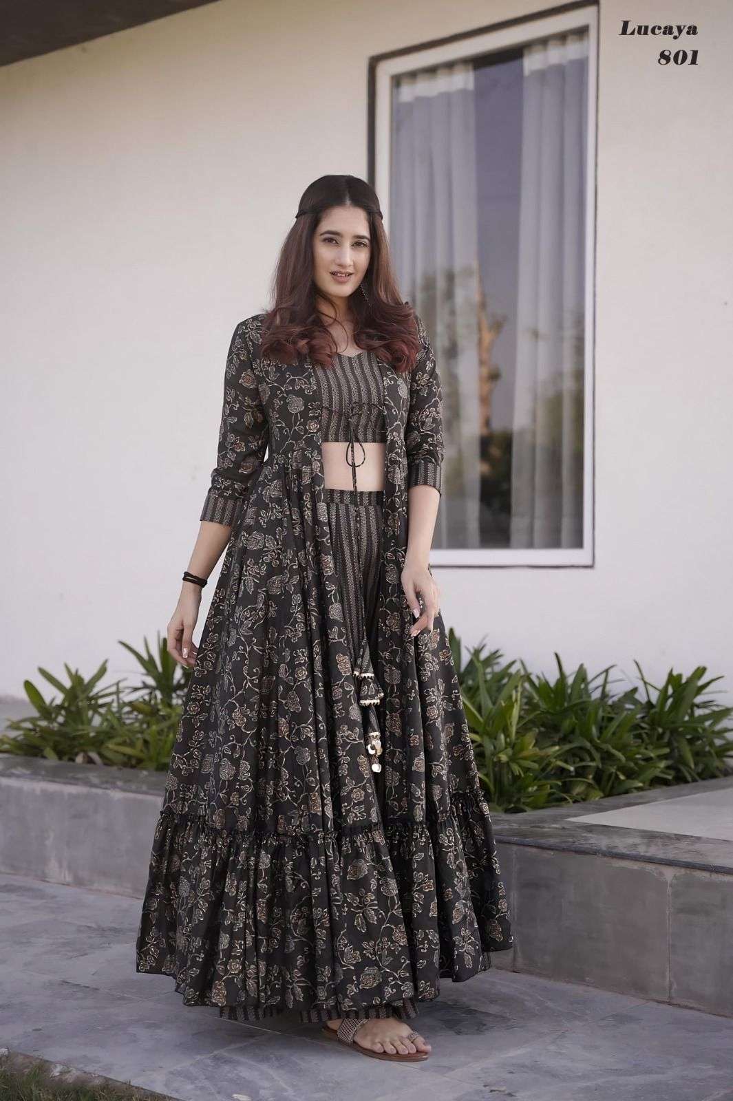 stunning 3 piece koti style indo western suit of printed crop top, palazzo and parallels paired with a beautiful printed shrug set lucaya vol 8 design number 801 to 803