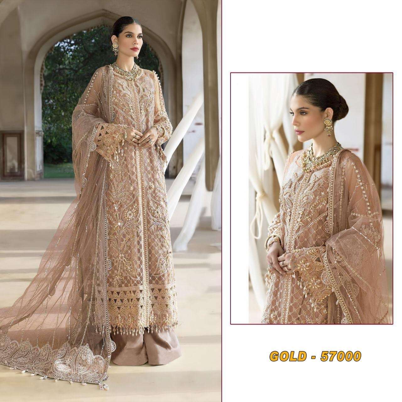 today we are launching pakistani concept super hit design gold 57000 top soft net heavy embroidery fron n back work with heavy hand work on front Pakistani suit