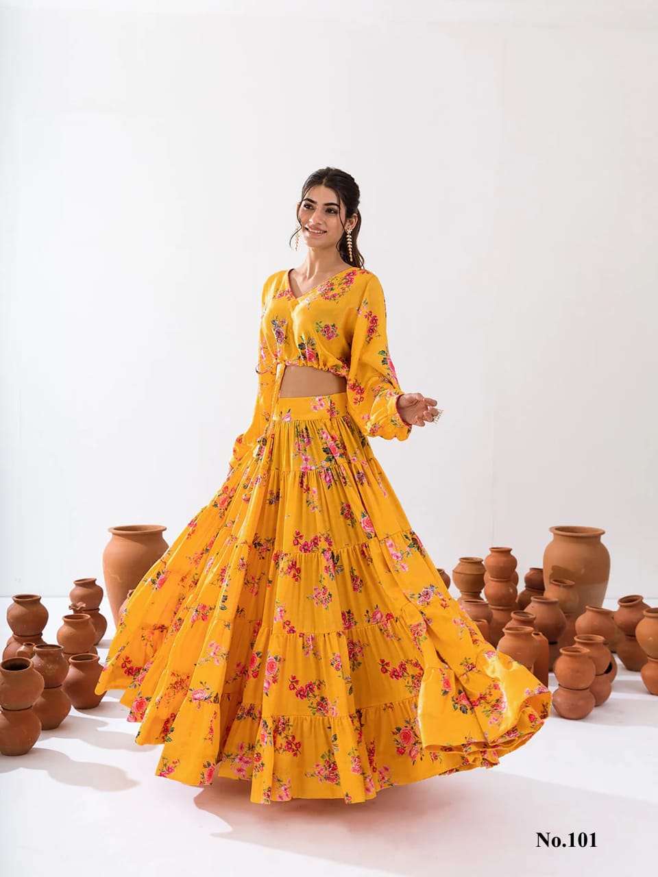 vallari vol 1 introducing this stunning  2 piece floral  printed tier lahenga with crop top collection set of 7 beautiful design 107 to 107 pack contains 1 crop top 1 lehenga