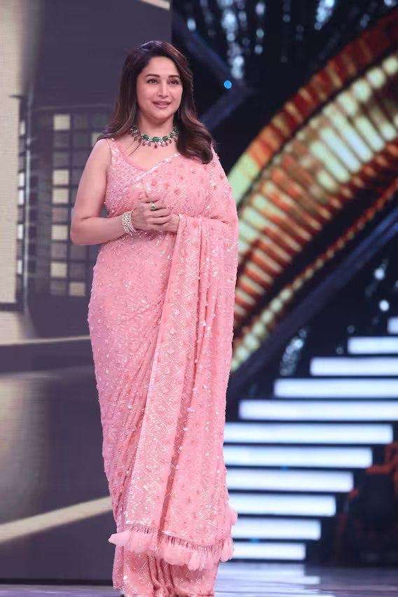 bt launching a new beautiful madhuri dixit embrodairy work saree ds no bt 1200 saree detail saree heavy georgette designer partywear saree