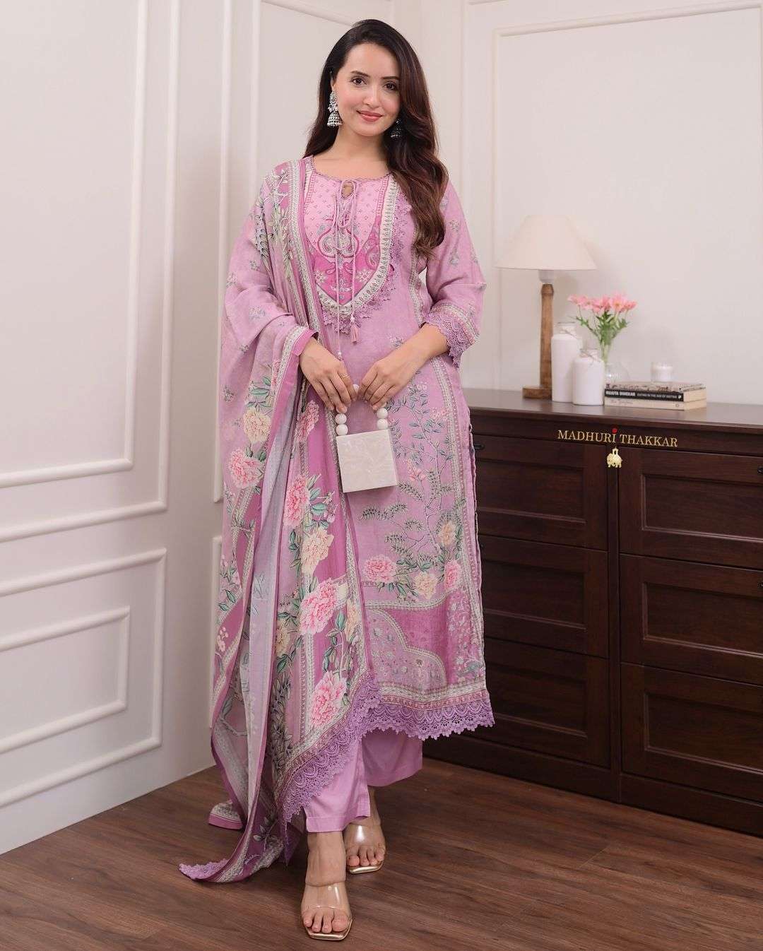 featuring lilac muslin pakistani suit which is beautifully decorated with digital prints and hand embroidery designer printed readymade suits