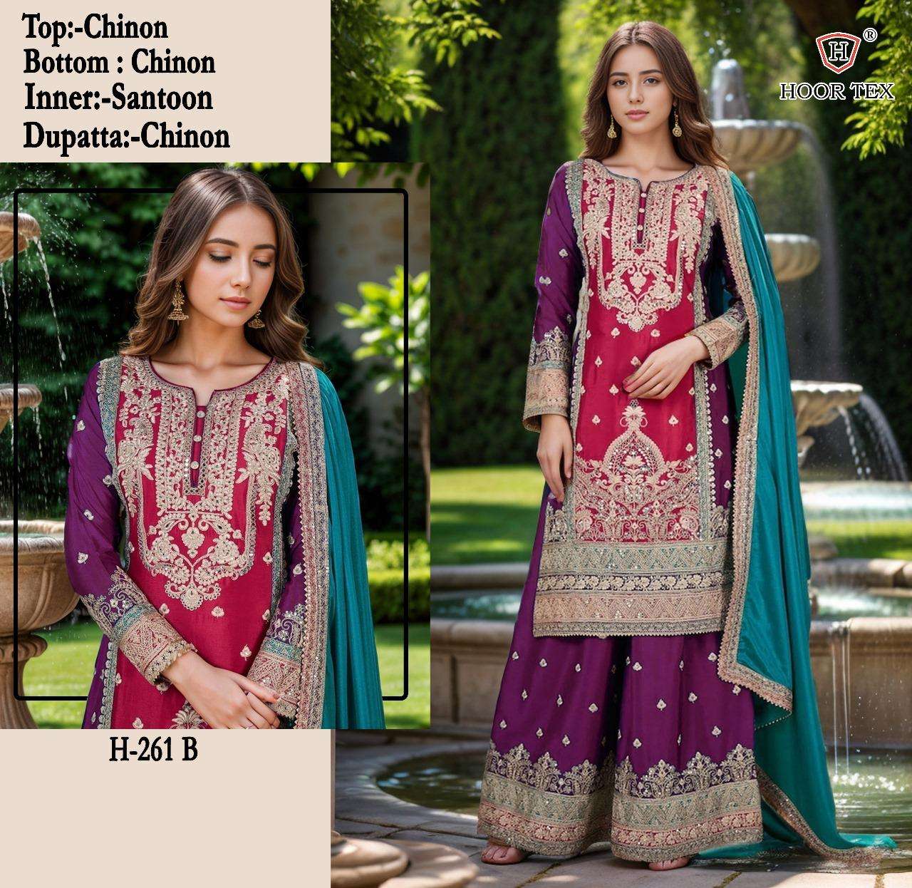 hoor tex design number h 261 designer pakistani suit top heavy chinon bottom santoon inner santoon dupatta heavy chinon pakistani suit 