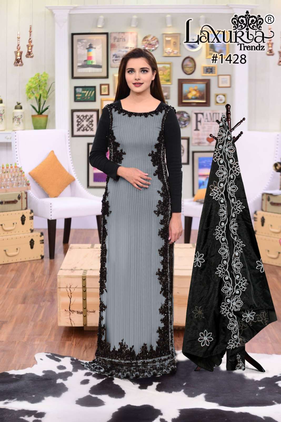 laxuria trendz design number 1428 designer partywear pakistani suit designer long tunic with gorgeous embroidered floor length tunic n glamours paired with pant  embroidered organza 