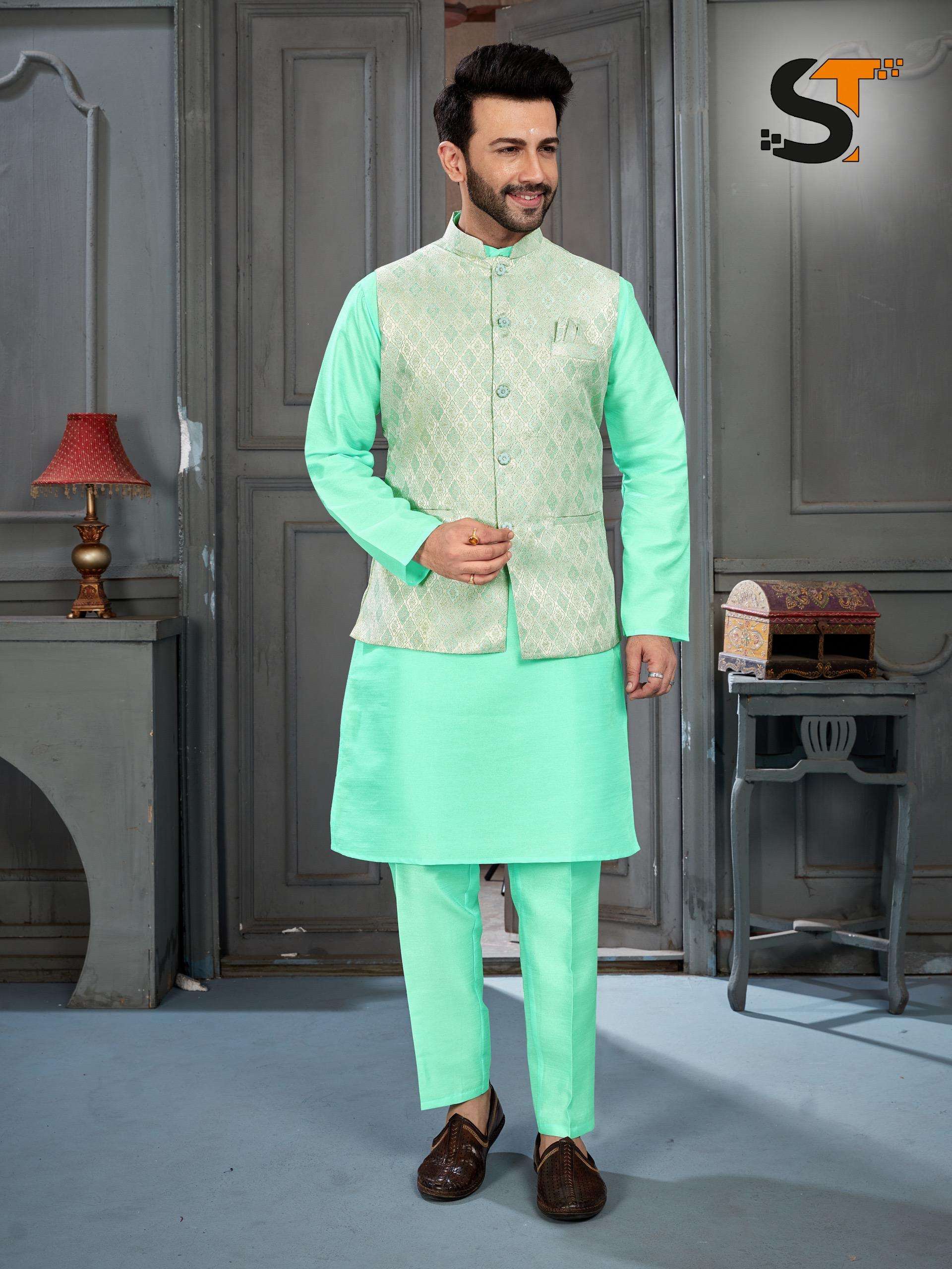 manyavar kurta pant koti set ready to wear in best 5trending colour fabric kurta heavy banglori silk both side pocket polo pant heavy banglori silk and elastic waist