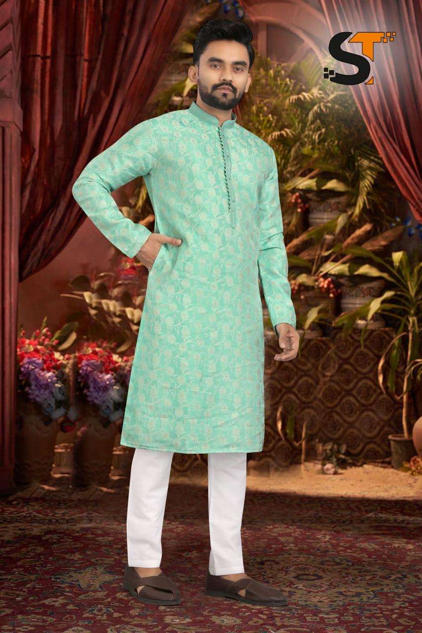 mens wear catalog name fabric details kurta fabric heavy jacquard with inner and beautiful pintex tie inner fabric: cotton pajama fabric cotton total design 5pcs