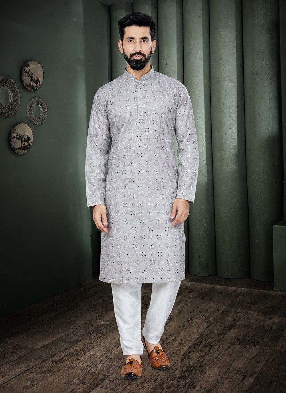 mirror kurta in 4 colours long kurta for mens in heavy cotton fabric fabric cotton with heavy embroidery mirror work with fancy buttons mens wear kurta pyjama