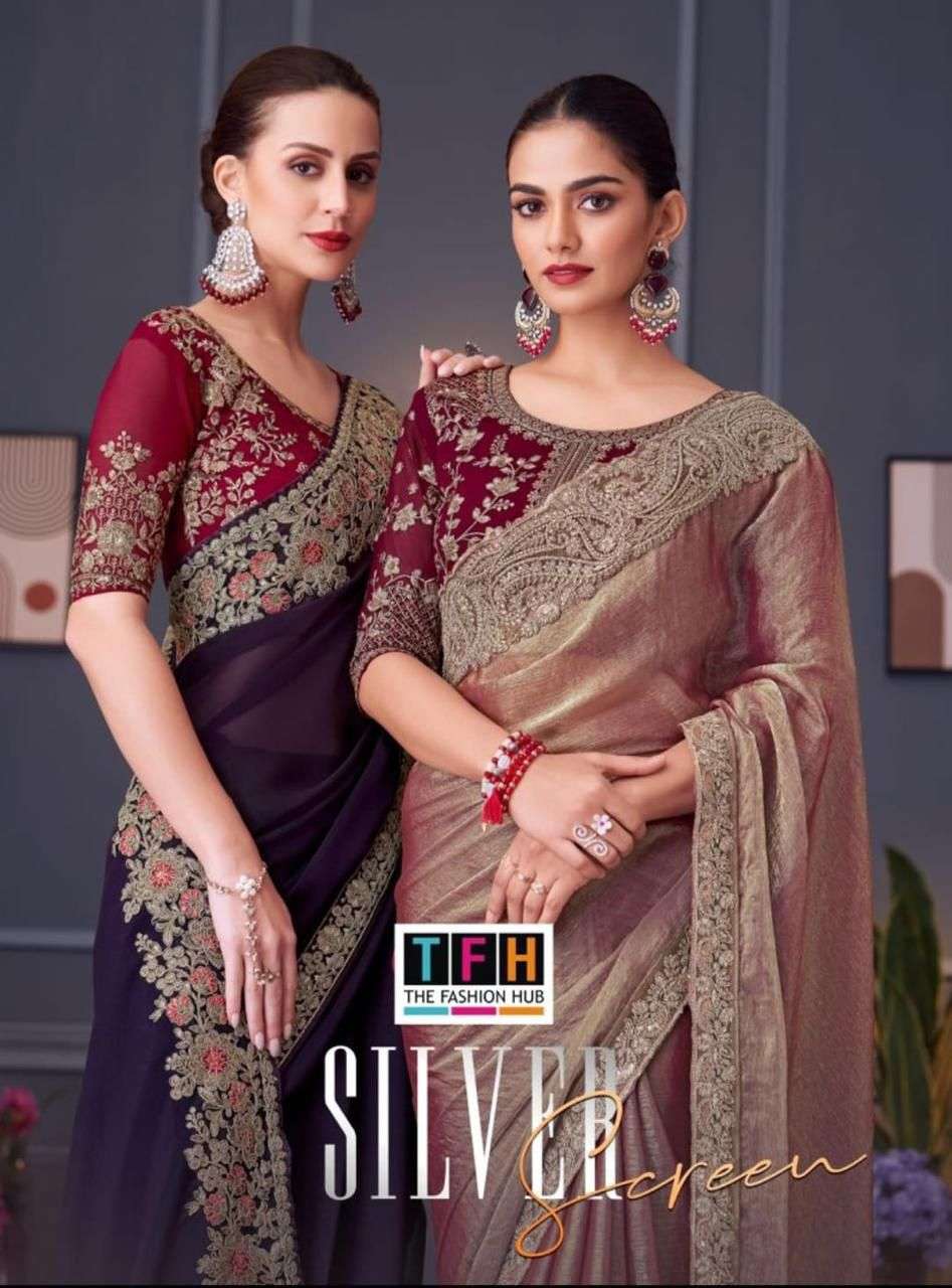 our new saree collection brand tfh catalog name silver screen 20 30000 series 30001 to 30018 designer partywear saree designer partywear saree 