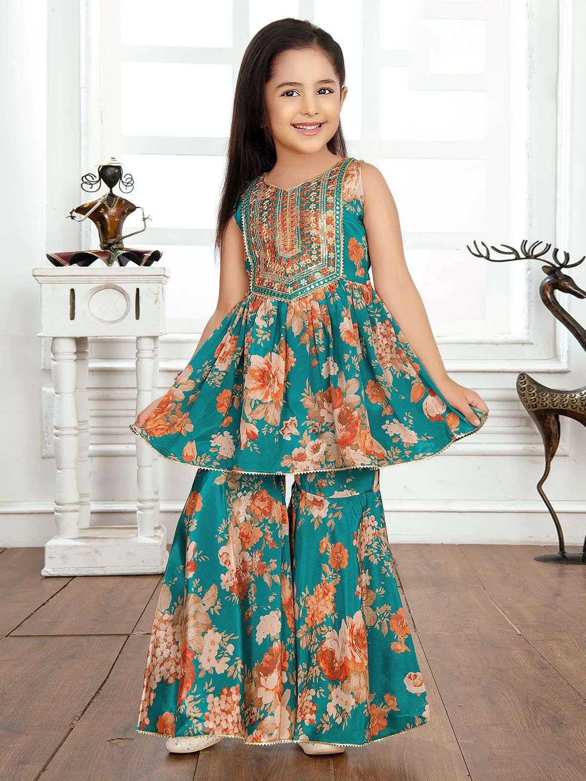 presernting new designer embroidery sequence work with digital print work top with sarara and dupatta full sttiched ready to wear code oc 184 kids wear 3 year to 15 year 