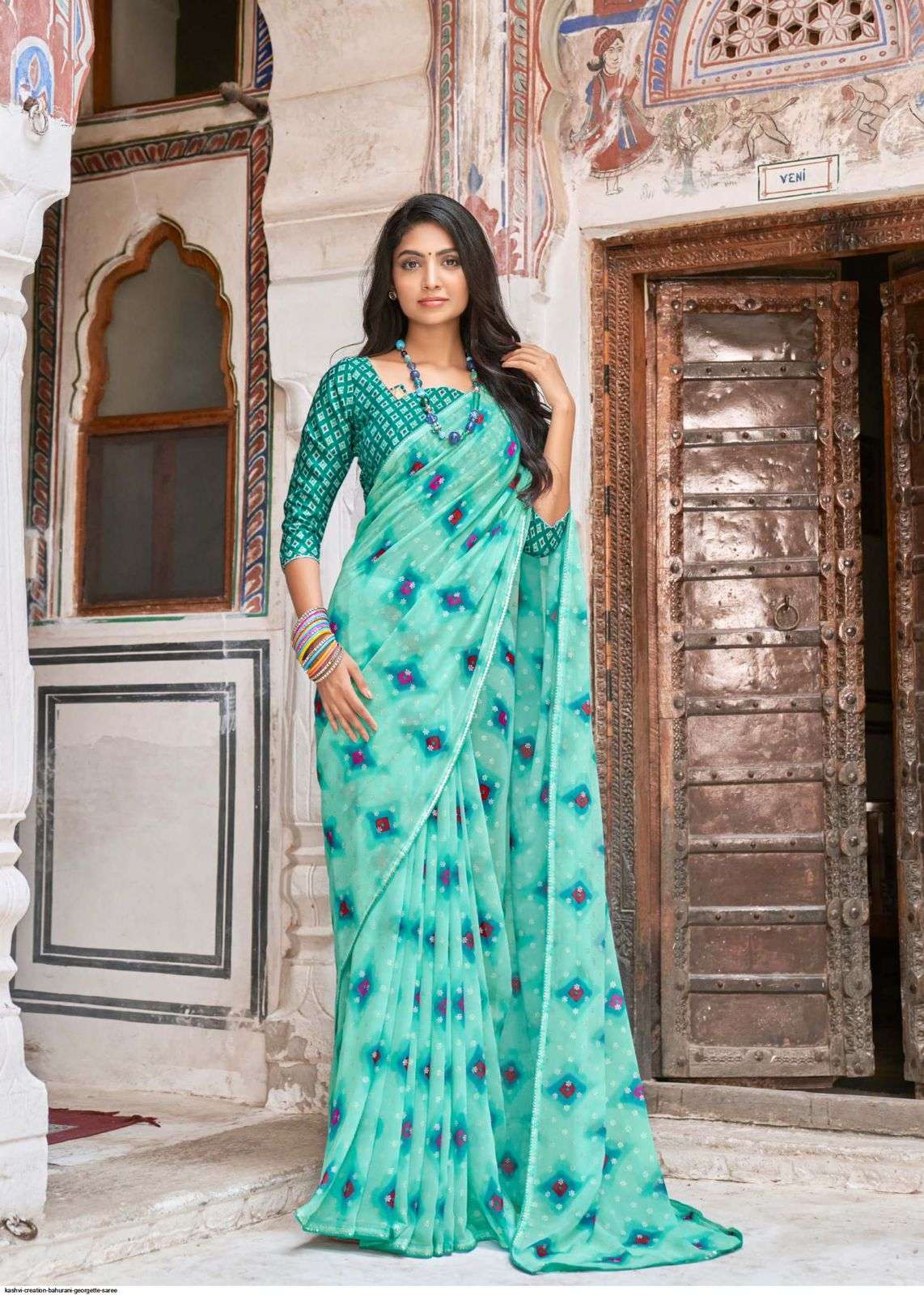 saree  catlogue bahurani fabric georgette mill bandhej print and samosa gota work bordar with contrast printed fancy blouse saree dailywear 