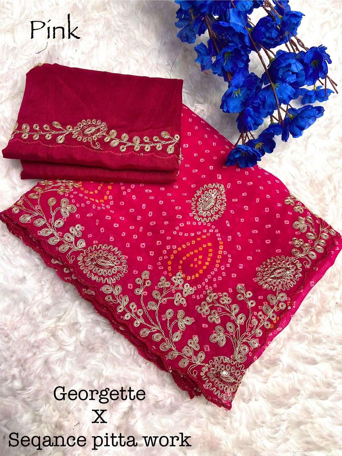 saree soft c bandej saree with beautiful c pallu pitta work with seqance n butti in whole saree with cut work border Blouse heavy mono with work saree 