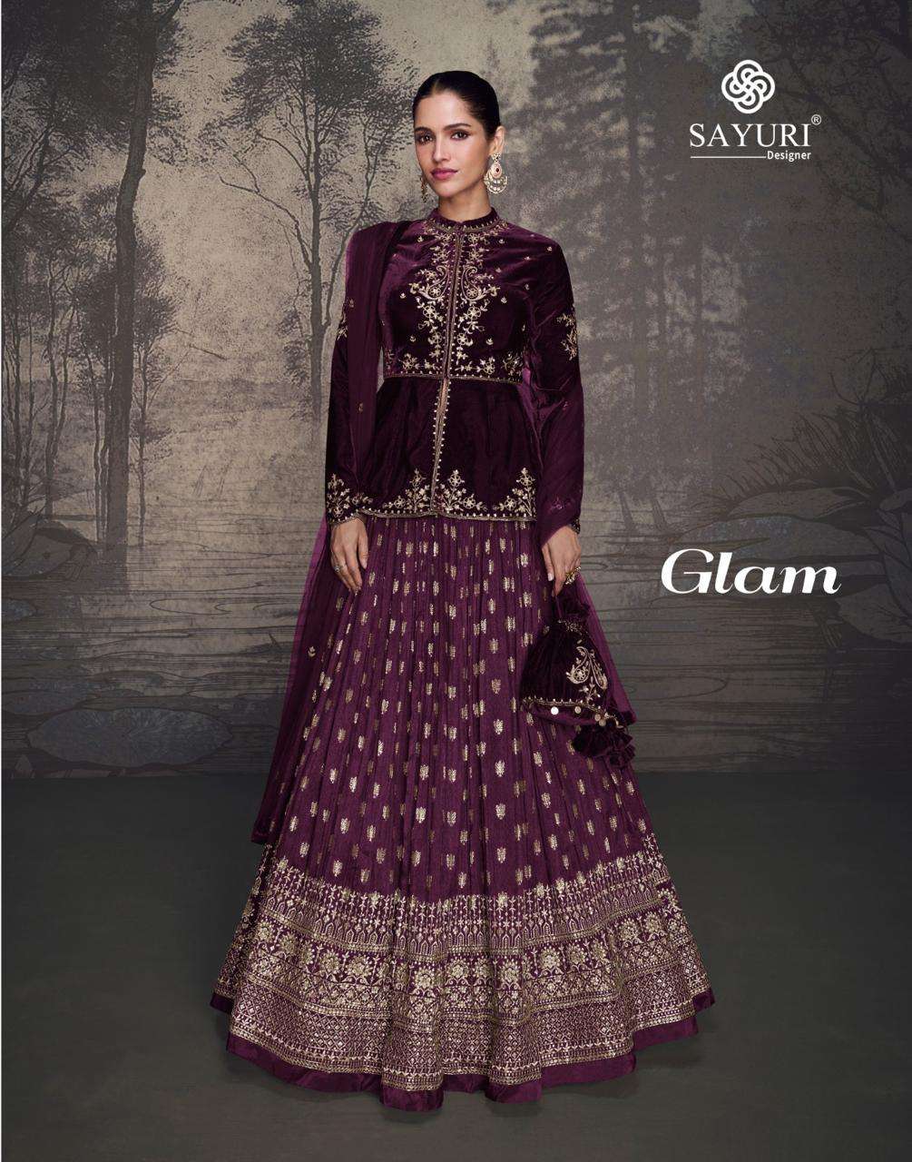 sayuri designer catalogue glam series 5601 to 5602 fabric velvet top with premium silk skirt front and back embroidered with cancan designer partywear suit